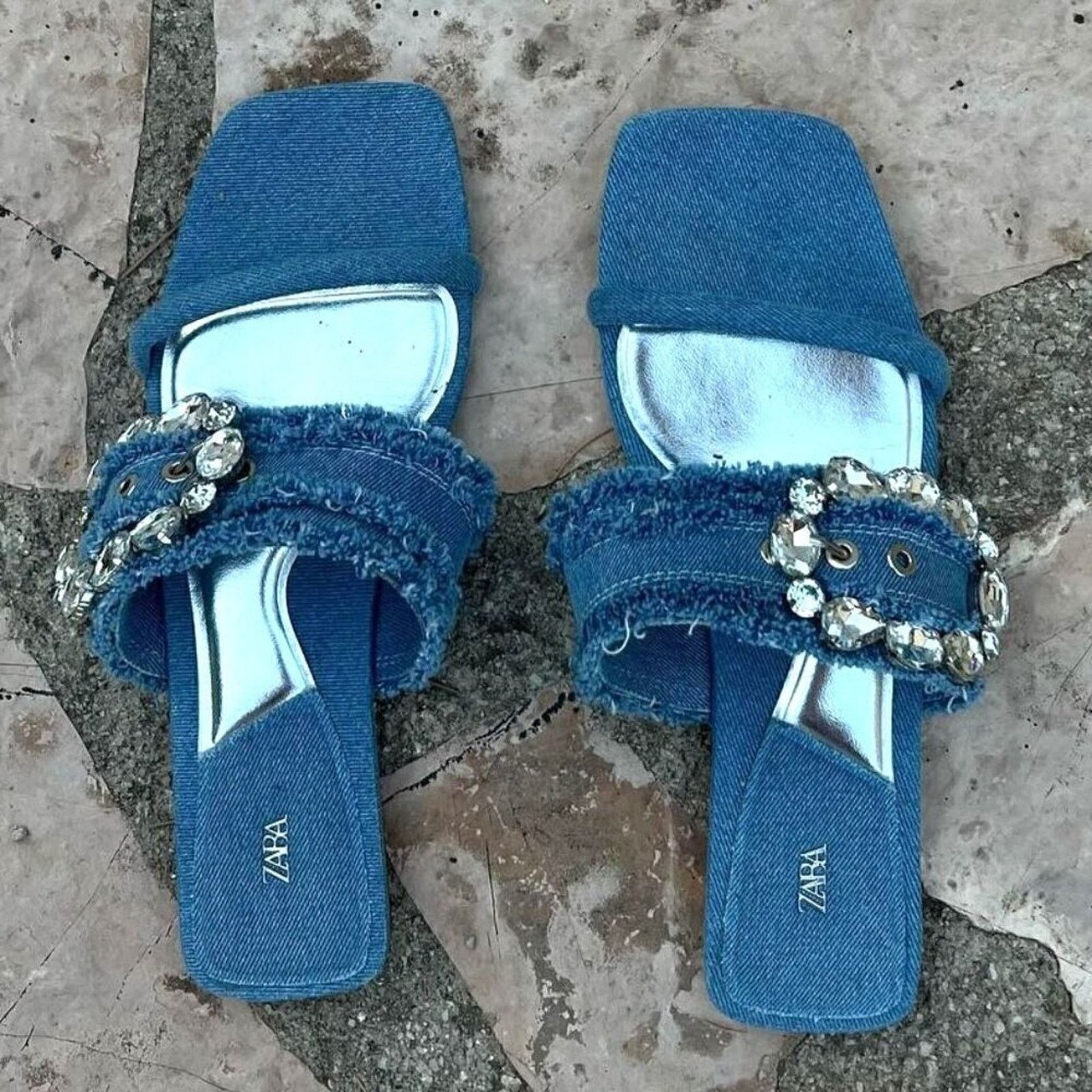 Zara ZARA Embellished Denim Slide Sandals NWT Size US 6.5 / IT 36.5 - 11 Thumbnail