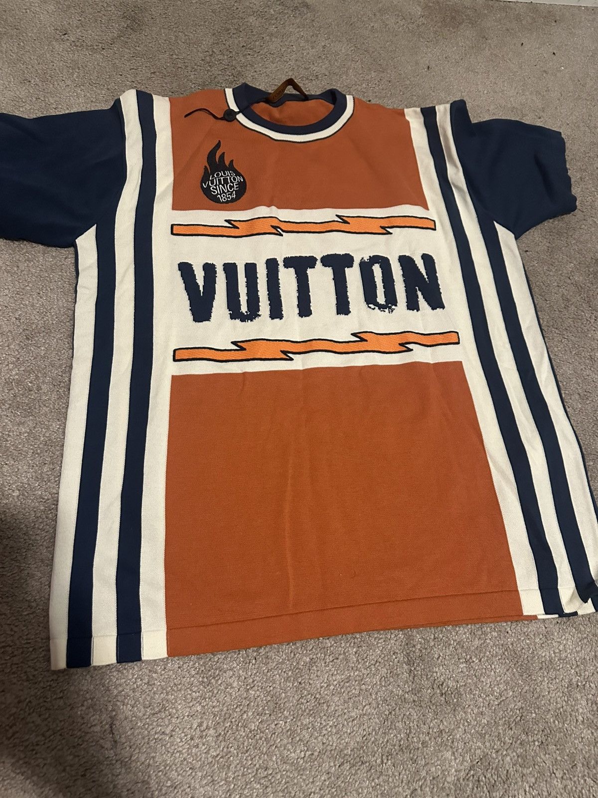 Louis Vuitton logo-print striped knit top in orange and navy