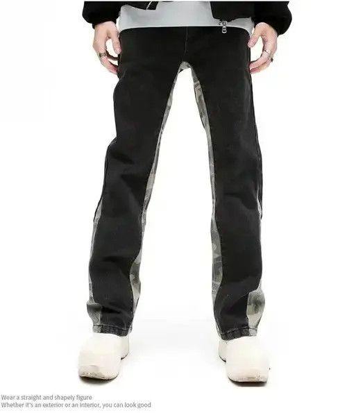 Camouflage Patchwork Straight Black Jeans Mens