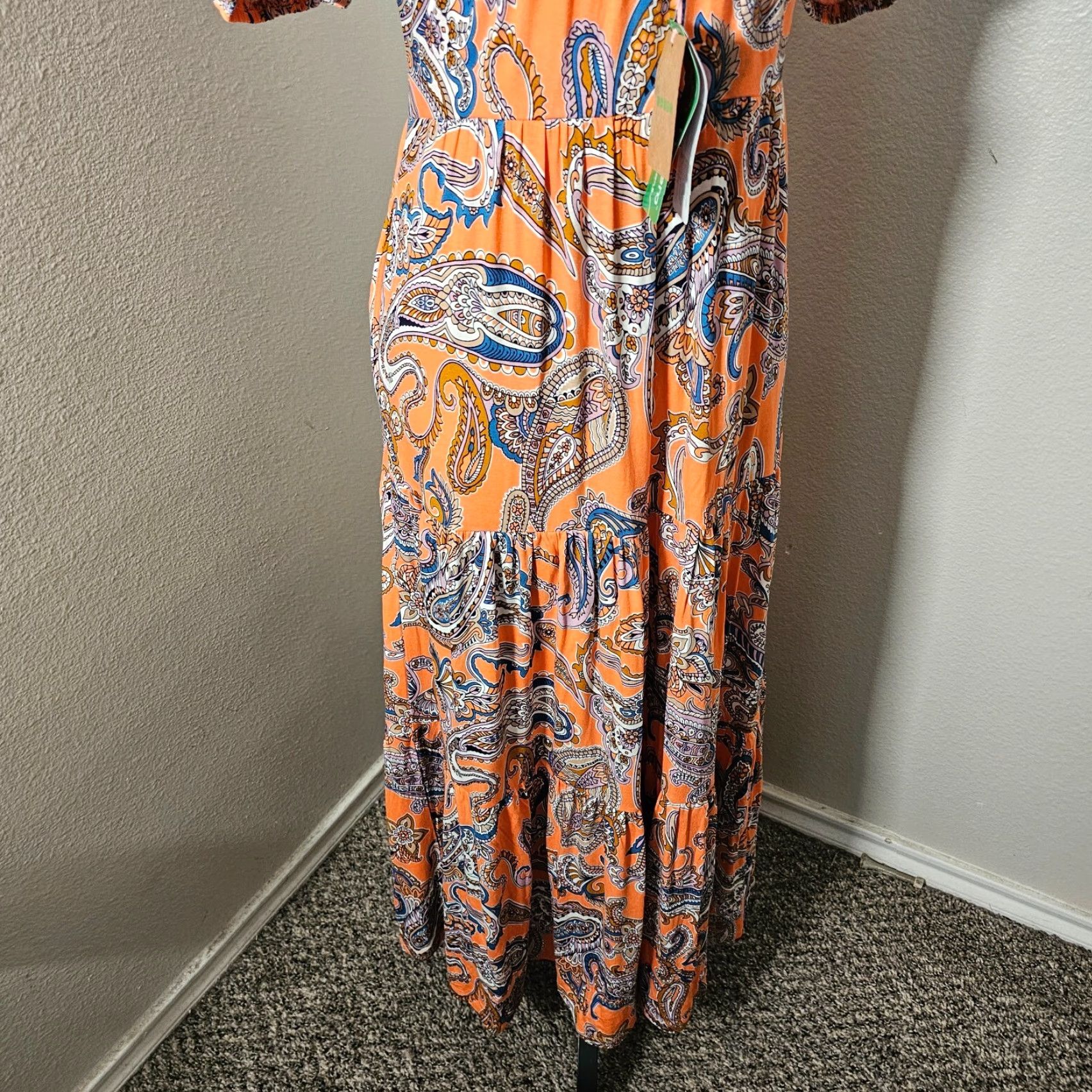 Boden Boden Maxi Dress Orange Paisley 6 R D0681 Cross Strap Back Short Sleeve Cap Sleeve Floral 100% Cotton Womens Size 28" / US 6 / IT 42 - 5 Thumbnail