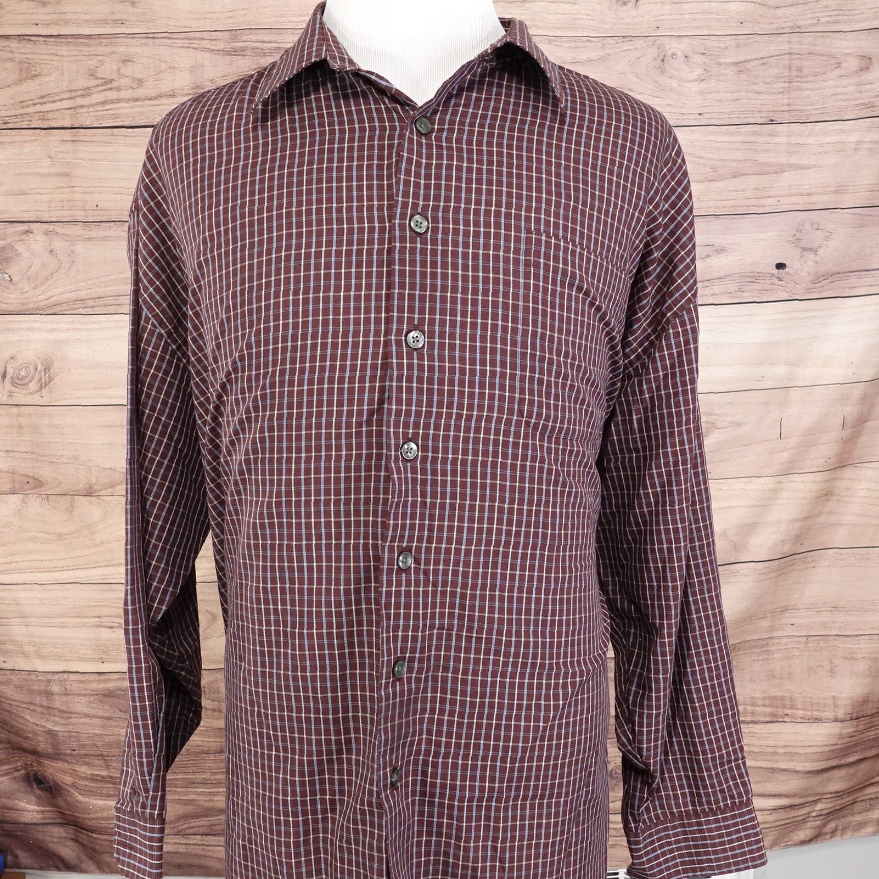 Van Heusen Van Heusen Shirt Burgundy Check Button-Up 2XL Long Sleeve Wrinkle Free Stain Shield Mens Size US XXL / EU 58 / 5 - 3 Thumbnail