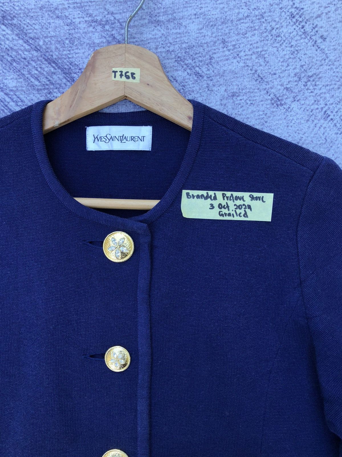 Designer × Vintage × Yves Saint Laurent 🔴YSL/Yves Saint Laurent Navy Blue Pattern Cardigan Size S / US 4 / IT 40 - 9 Thumbnail