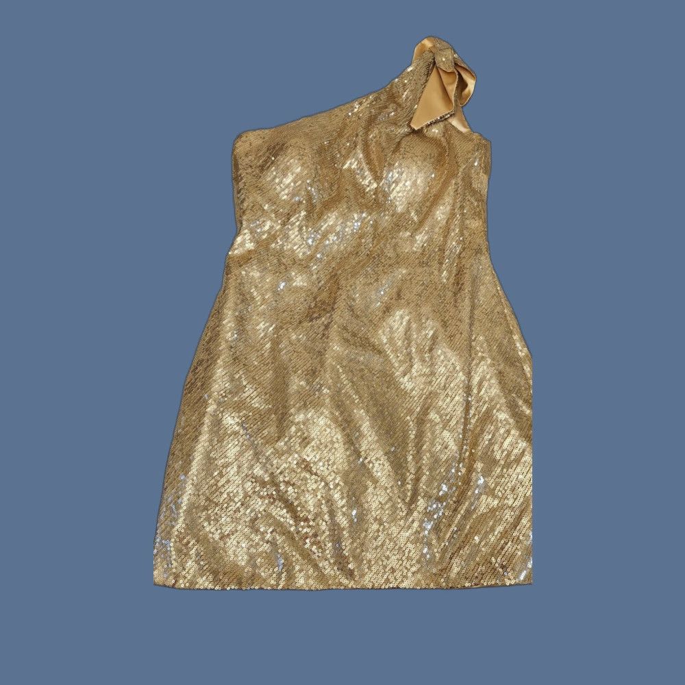 Vintage Vtg Scala Dress Womens 10 Gold Sequin One Shoulder Silk Cocktail Party Mini Dress Size L / US 10 / IT 46 - 1 Thumbnail