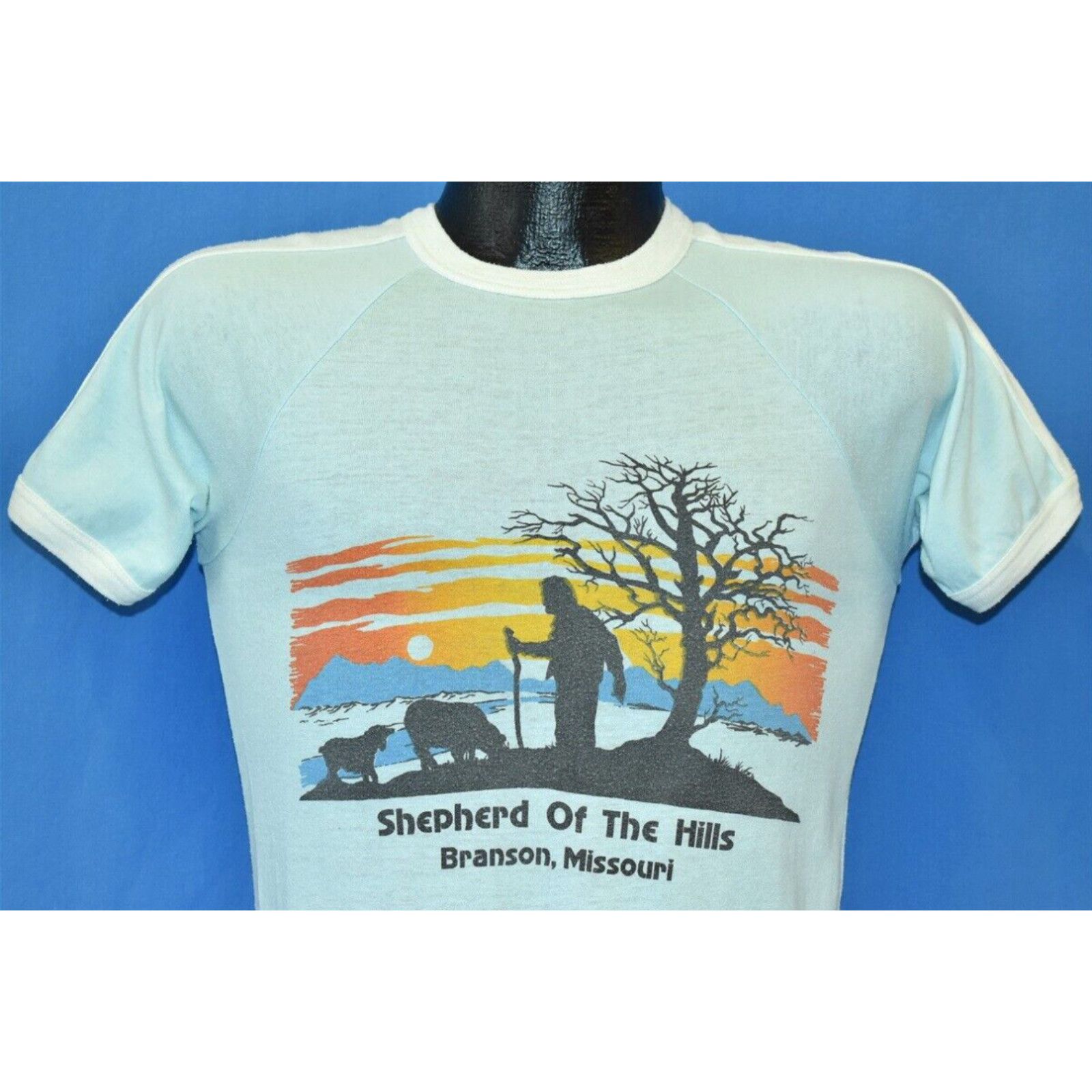 image of Vintage VTG 80's Shepherd Hills Branson Missouri Sunset Mountain Tree Ringer T-Shirt Xs in White