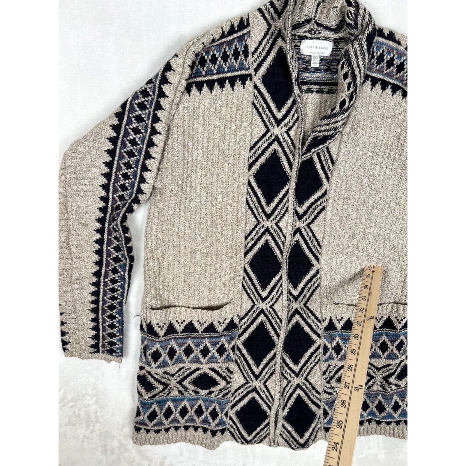 Lucky Brand Lucky Brand Cardigan Sweater Womens XS/S Beige Blue Open Front Aztec Knit - Geometric Open Front Pockets Shawl Collar Long Sleeve Knit Body Size S / US 4 / IT 40 - 4 Thumbnail