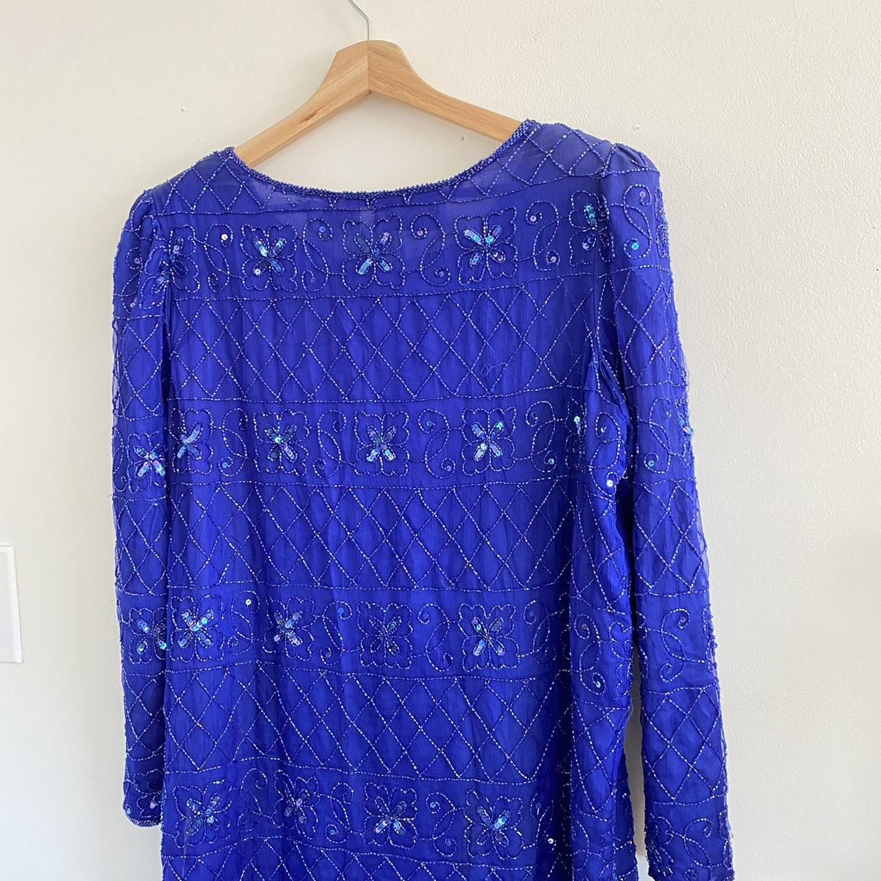 Vintage SILKY NITES VINTAGE BLUE SILK SEQUIN MINI DRESS LARGE Size L / US 10 / IT 46 - 8 Thumbnail