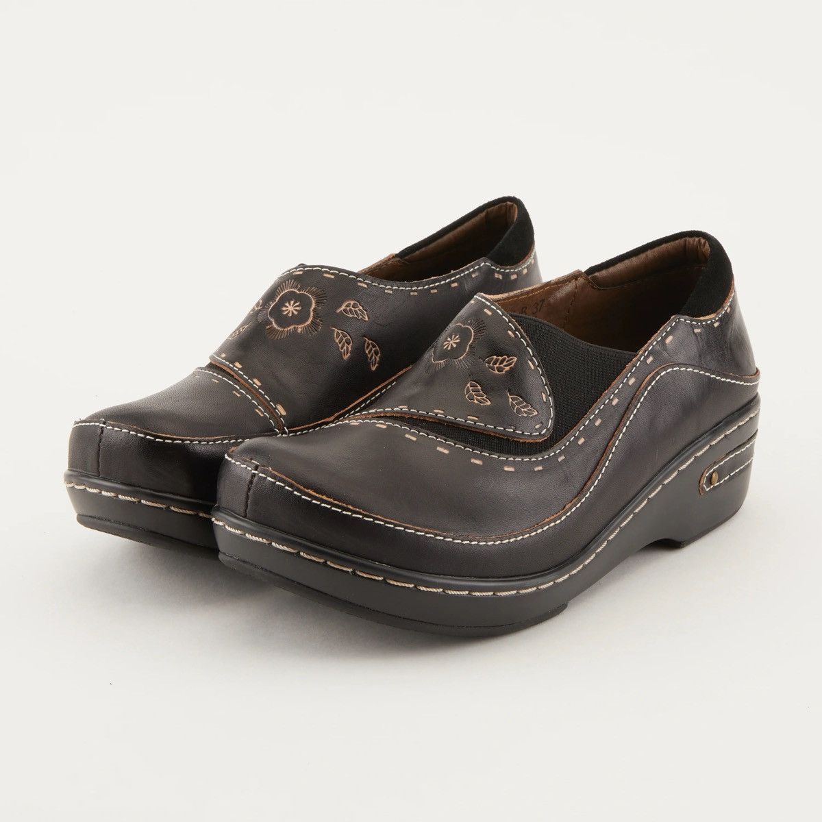 Other Spring Step Brown Black Tooled Leather Burbank Floral Clogs Size US 9 / IT 39 - 1 Thumbnail