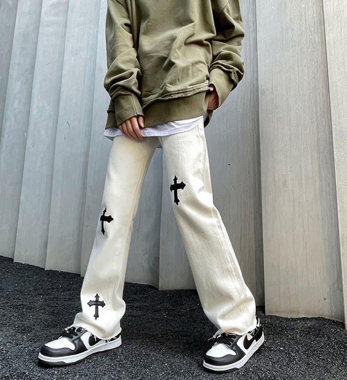 Japanese Brand Men's high street loose straight cross embroidered jeans Size US 32 / EU 48 - 1 Thumbnail