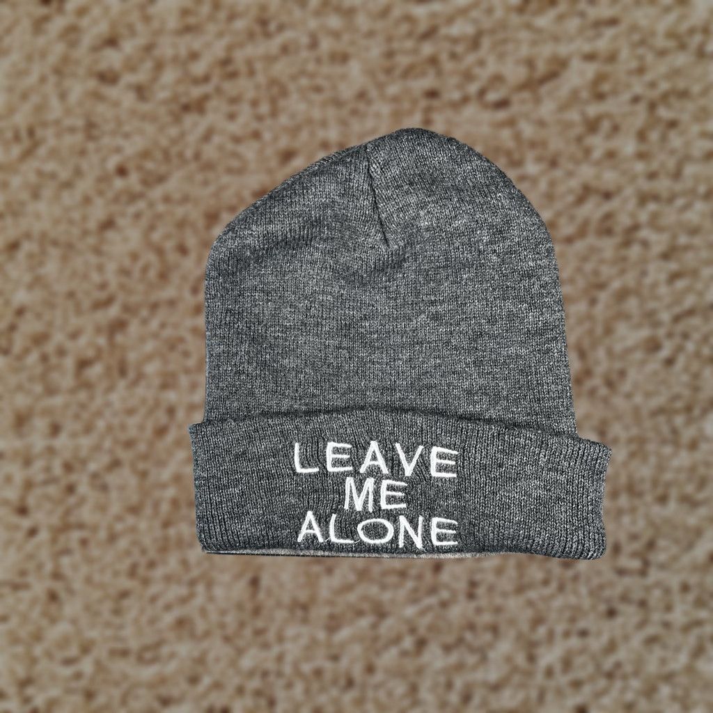Vintage Leave Me Alone Hat Beanie Teens One Size Gray Knit Embroidered Stretch Winter Size ONE SIZE - 1 Thumbnail