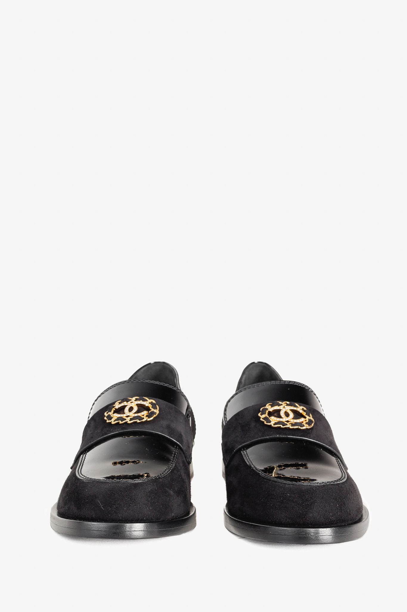 Chanel Chanel 22K Black Patent and Suede Crystal-CC Loafers Size US 8.5 / IT 38.5 - 3 Thumbnail