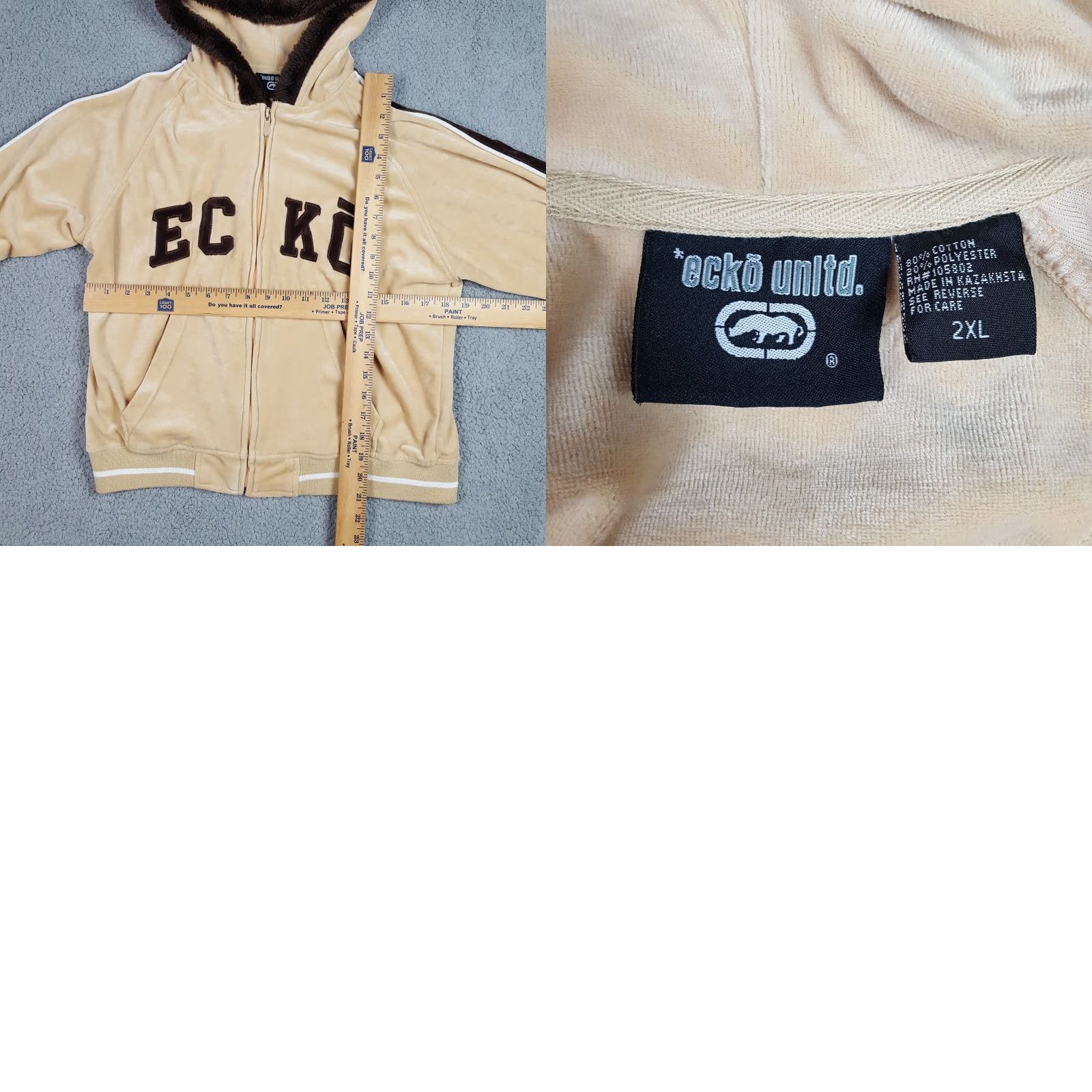 Ecko Unltd. VINTAGE Ecko Unltd Velour Hooded Zip Jacket Women's 2XL Beige 90s Grunge Retro Punk Streetwear Velvet Size XXL / US 16-18 / IT 52-54 - 8 Thumbnail