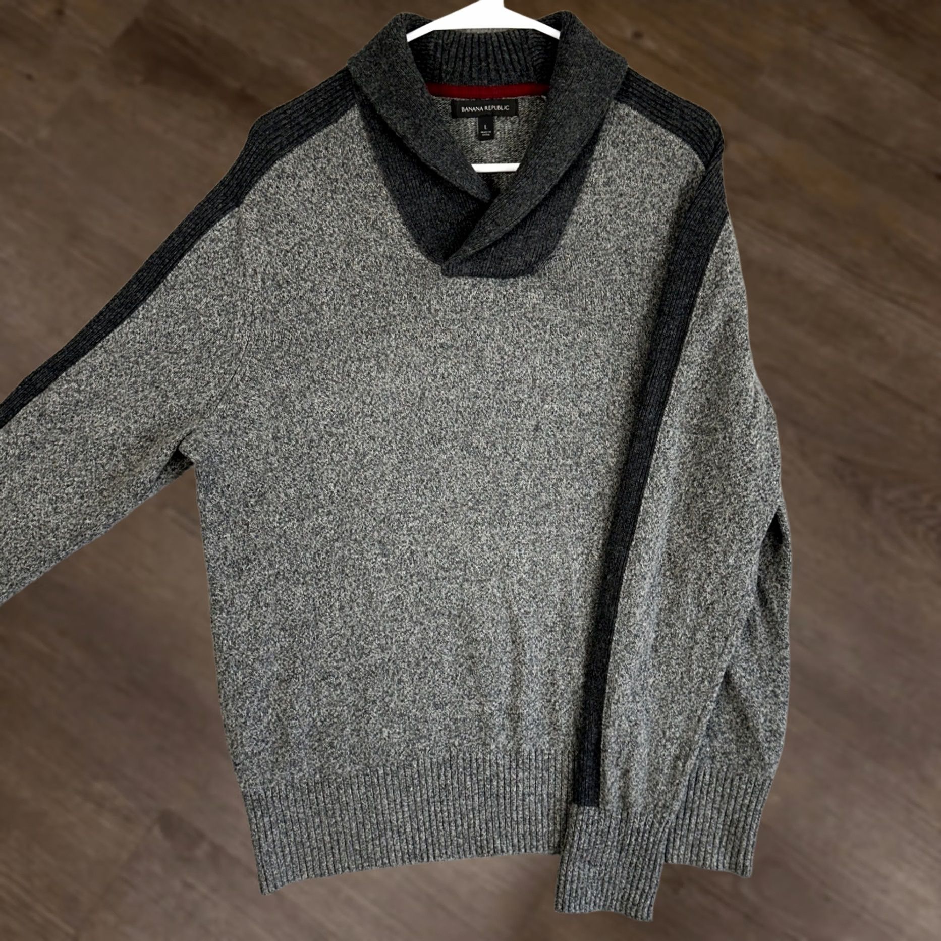Banana Republic Banana Republic Merino Wool Blend Sweater Shawl Neck Mens Large Gray Black Knit Size US L / EU 52-54 / 3 - 1 Thumbnail