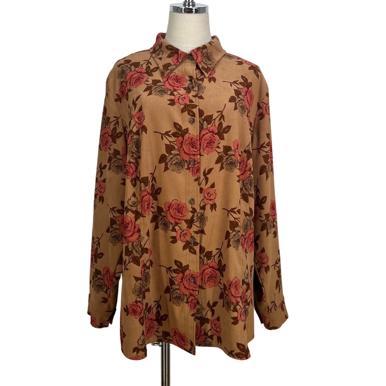 Other Rose Printed Button Up Shirt Long Sleeves Brown White Stage Size XXL / US 16-18 / IT 52-54 - 1 Thumbnail