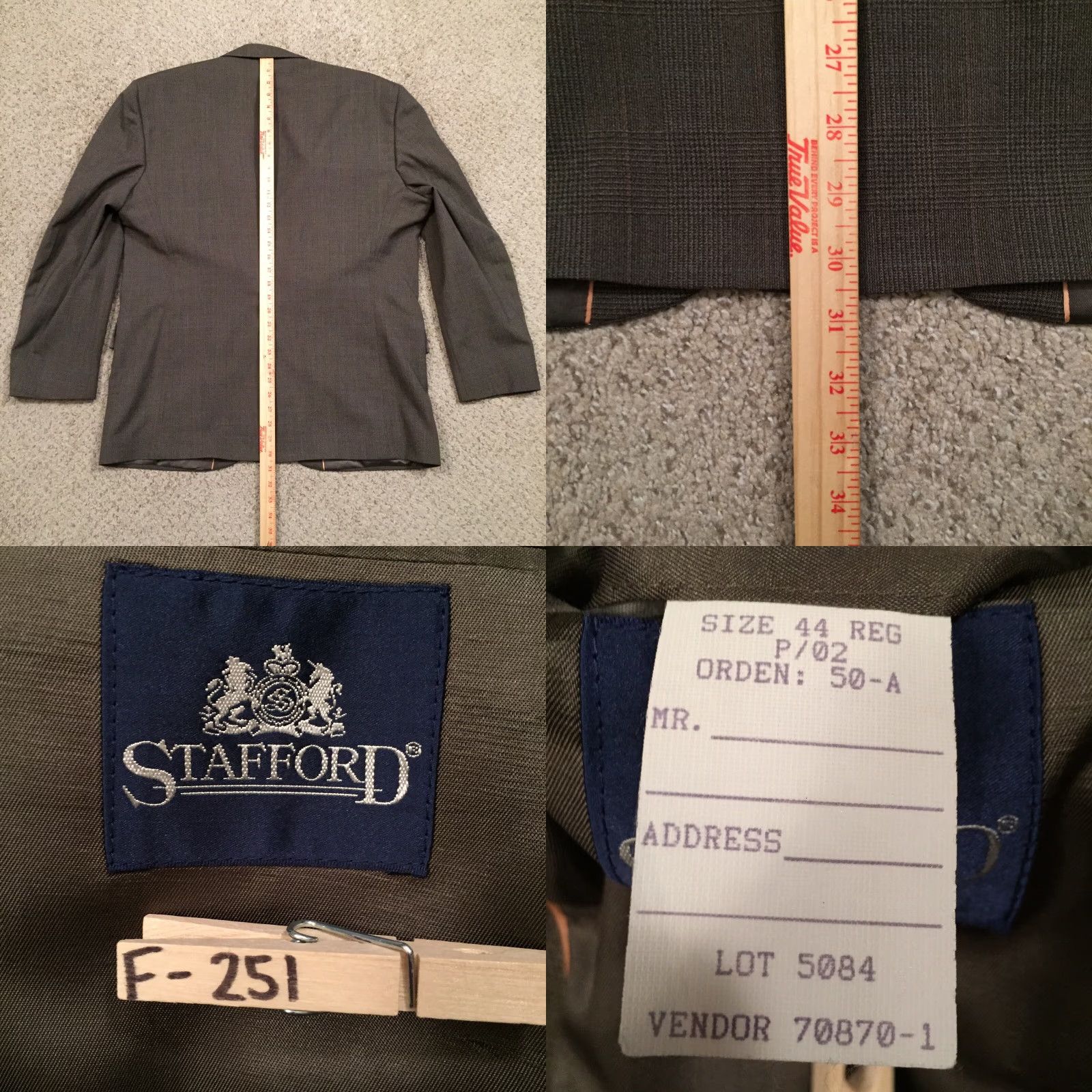 Stafford Stafford Blazer Mens Size 44 Gray Plaid Two Button Single Vented Worsted Wool Jacket Coat Men Notch Lapel 2 Piece Regular Built In 44 Chest Size 44R - 8 Thumbnail