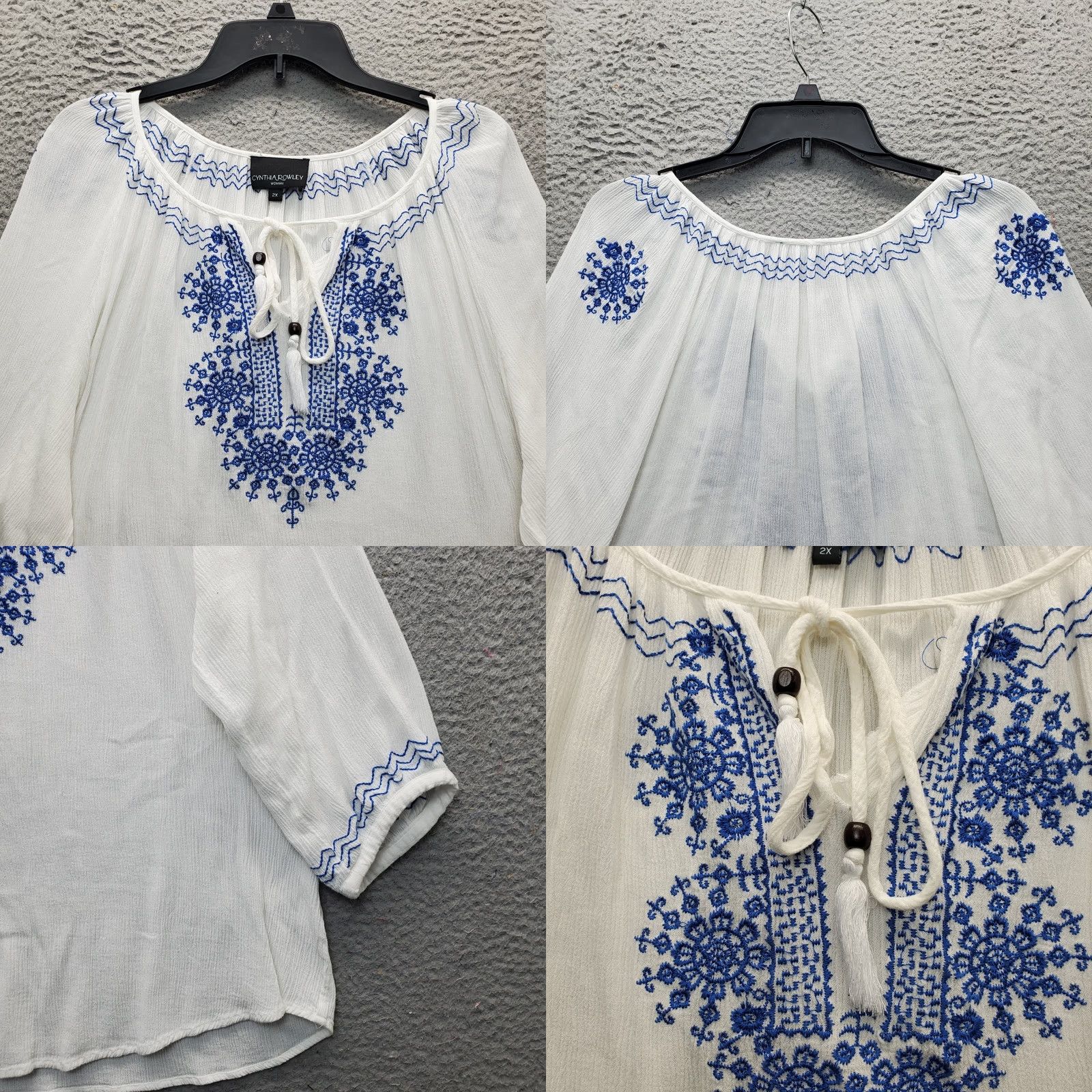Cynthia Rowley Cynthia Rowley Blouse Women's 2X Embroidered Floral Keyhole Tie Neck Balloon Sleeve Casual Shirt Size XXL / US 16-18 / IT 52-54 - 8 Thumbnail