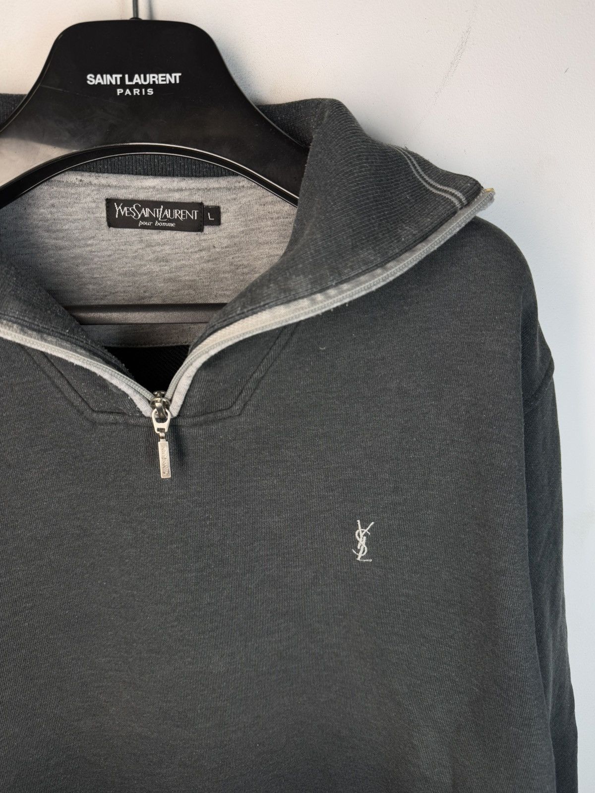 Yves Saint Laurent 90s YSL Sweatshirt 1/4 Quarter Zip Grey Sweater Vintage Size US L / EU 52-54 / 3 - 1 Thumbnail