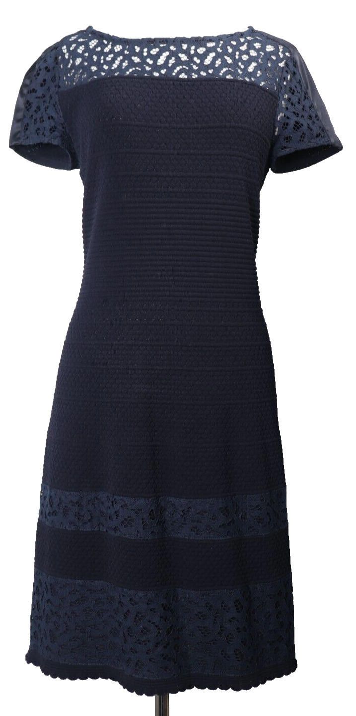 Designer Marc Cain US8 Navy Blue Lace Knit Shift Dress Mini Size M / US 6-8 / IT 42-44 - 2 Thumbnail