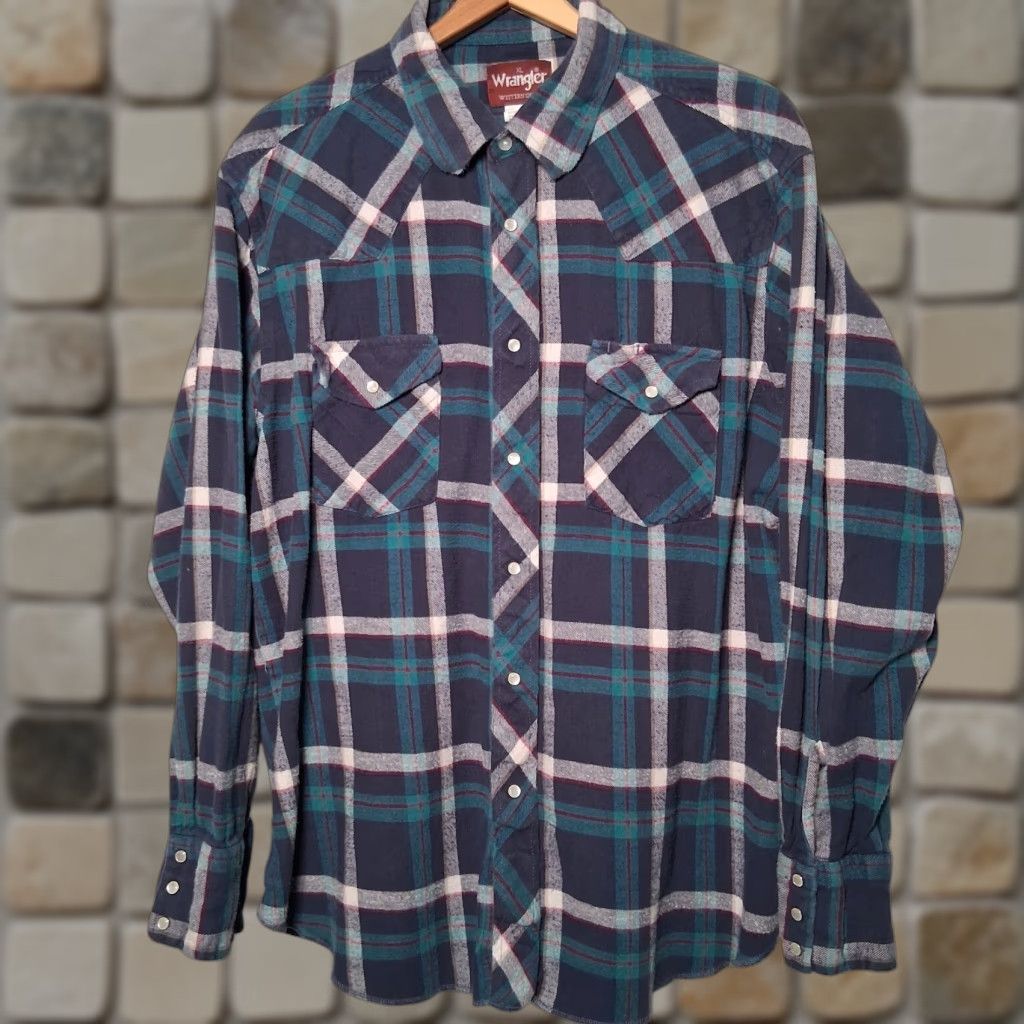 Wrangler Wrangler Western Shirt Men XL Blue Plaid Flannel Pearl Snap Cowboy Rodeo Ranch Workwear Button-Up Size US XL / EU 56 / 4 - 1 Thumbnail