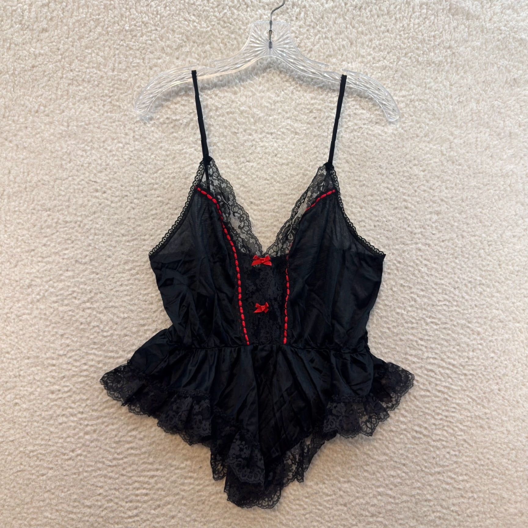 Vintage VINTAGE Camisole Slip Lingerie Large Black Red Lace Bow Edwardian Goth Size ONE SIZE - 2 Thumbnail