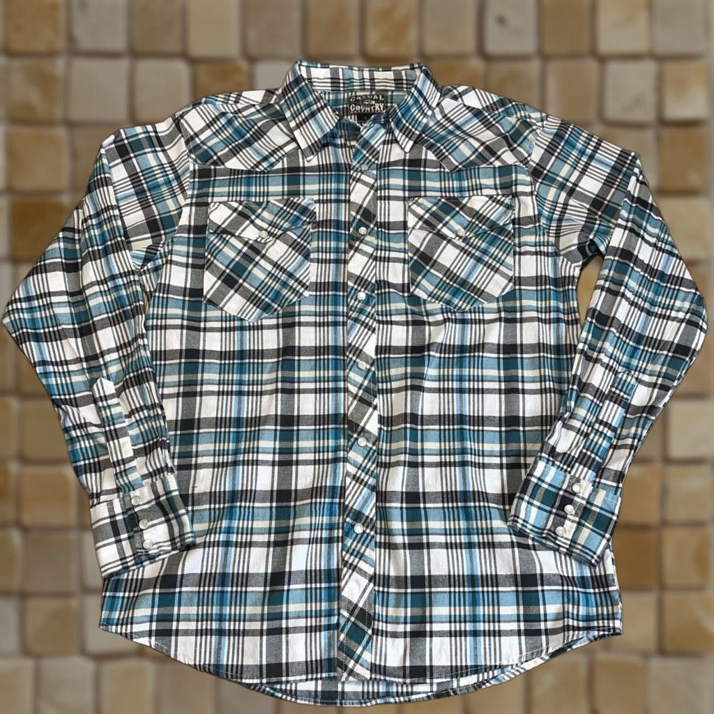 Urban Outfitters VINTAGE Outfitters Mens Long Sleeve Plaid Pearl Snap Button-Up Shirt Casual Large Blue Countries Size US L / EU 52-54 / 3 - 1 Thumbnail