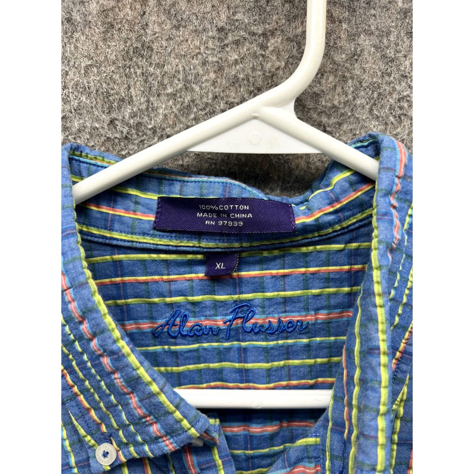 Vintage Alan Flusser Shirt Mens XL Blue Striped Short Sleeve Button Front Cotton Oxford Seersucker Casual Size US XL / EU 56 / 4 - 5 Thumbnail