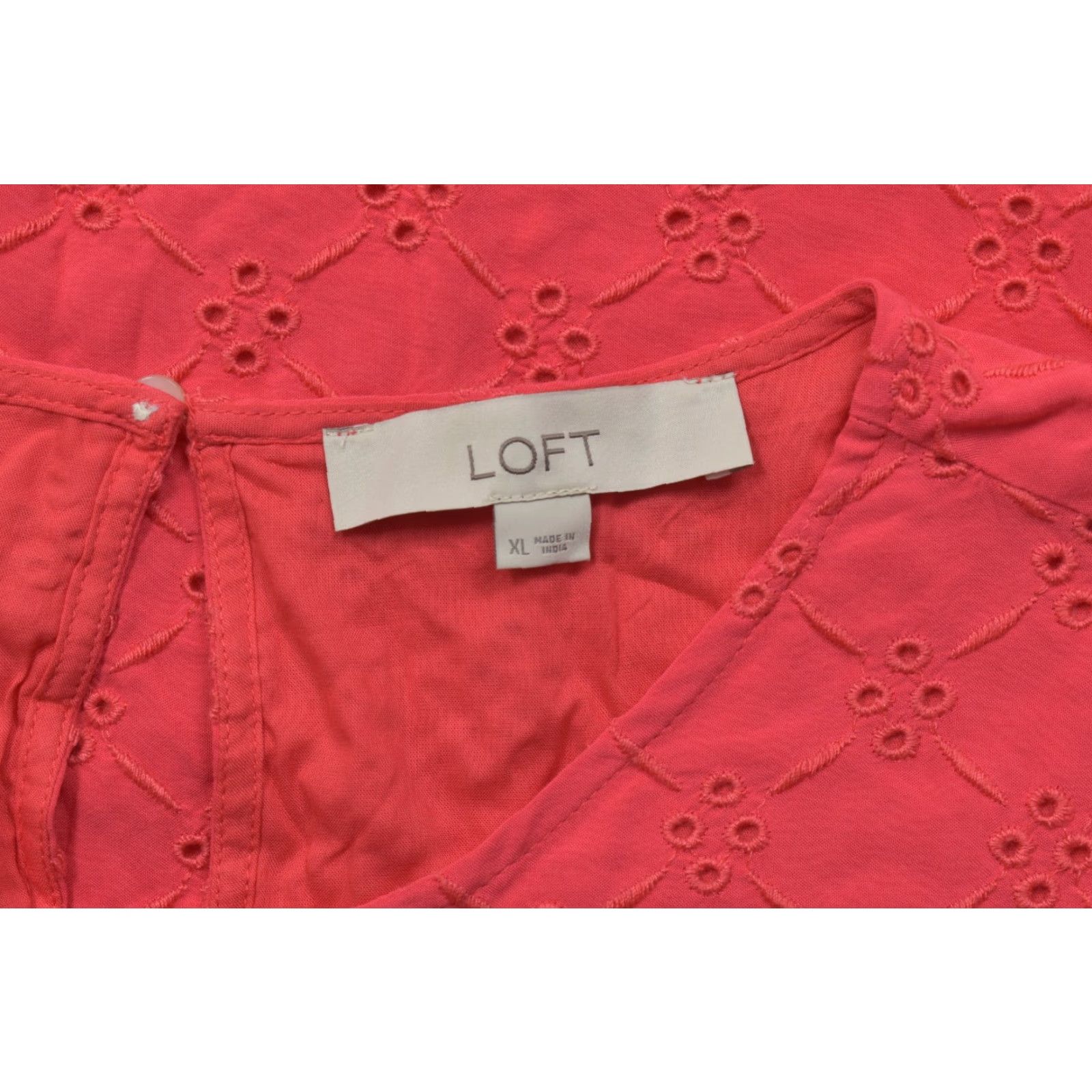 Loft LOFT Blouse Shirt Womens XL Coral Pink Eyelet Embroidered Short Sleeve Rayon Pullover Round Neck Casual Summer Spring Size XL / US 12-14 / IT 48-50 - 8 Thumbnail