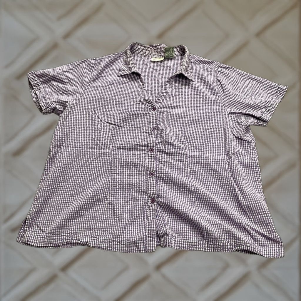Vintage White Snag Plus Size Button-Up Blouse Shirt Women 22W Purple Check Short Sleeve Cotton Casual Size 3XL / US 20-22 - 1 Thumbnail