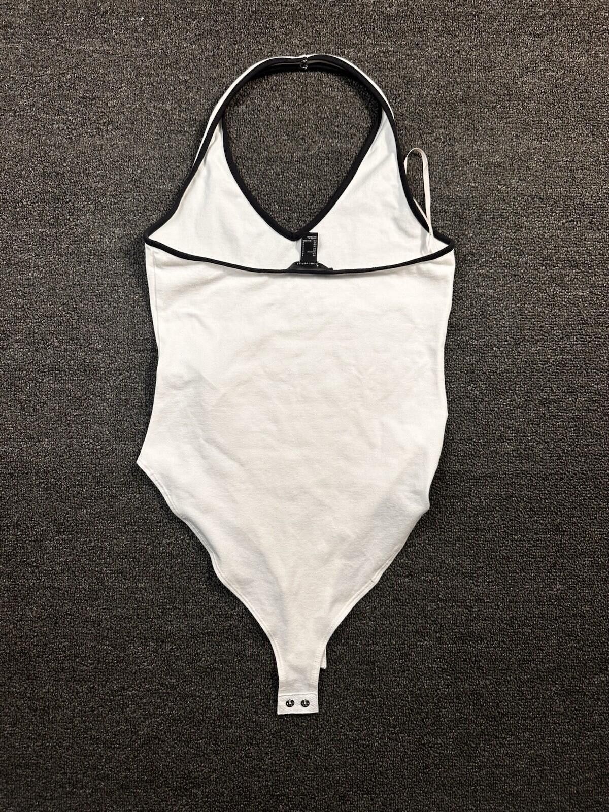 Forever 21 Forever 21 White/Black Halter V-Neck Bodysuit Solid Size S Size ONE SIZE - 3 Thumbnail
