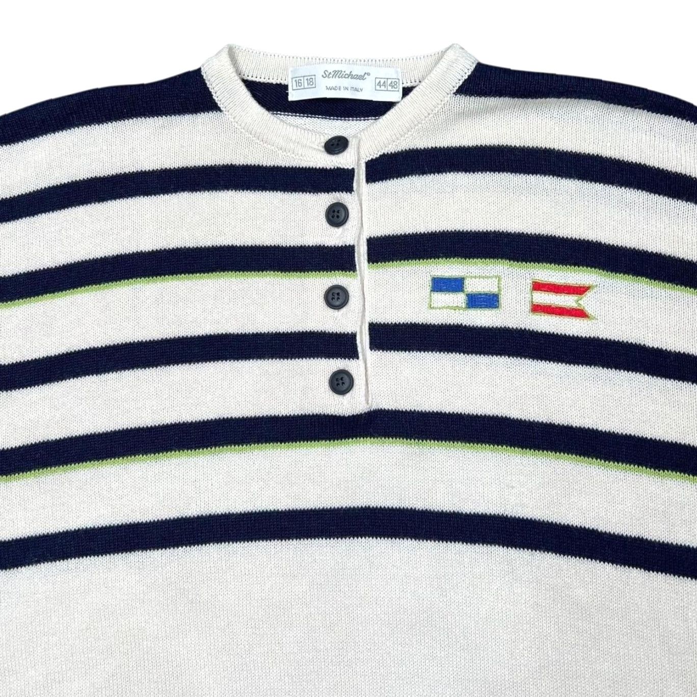 Vintage VINTAGE St Michael Made In Italy Nautical Striped Short Sleeve Knit Jumper Women’s 16/18 White Navy Striped Knit Jumper Womens 16/18 Mens Girls Size XXL / US 16-18 / IT 52-54 - 4 Thumbnail