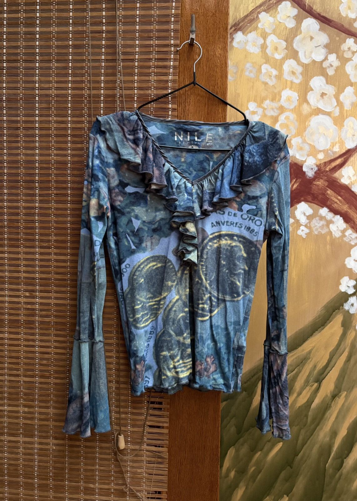 Vintage Y2K Mesh Flared Sleeve Money Coins Print V-Neck Ruffle Top Size L / US 10 / IT 46 - 1 Thumbnail