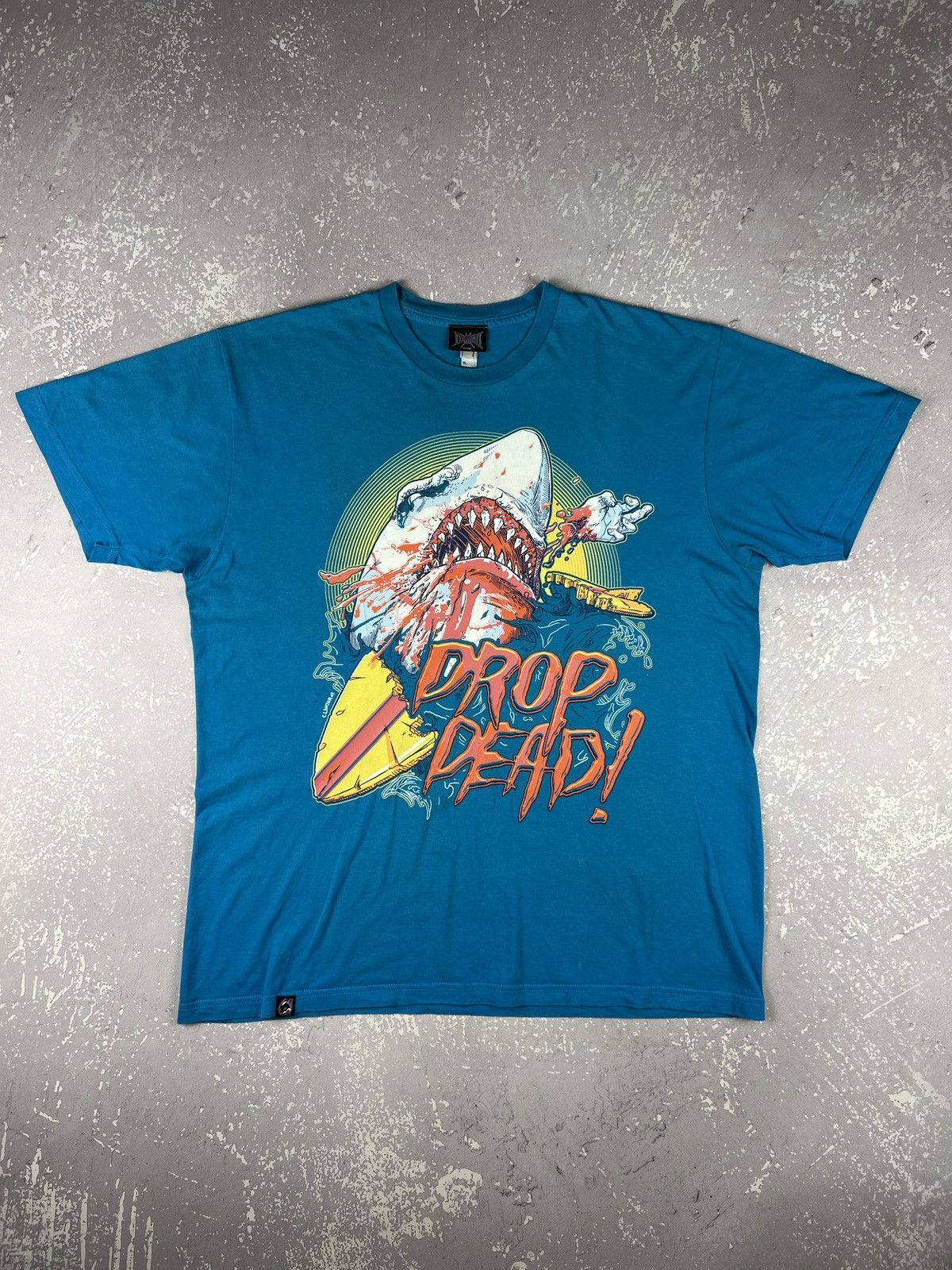 Drop Dead RARE Drop Dead Shark Attack Graphic T Shirt Mens XL Blue 