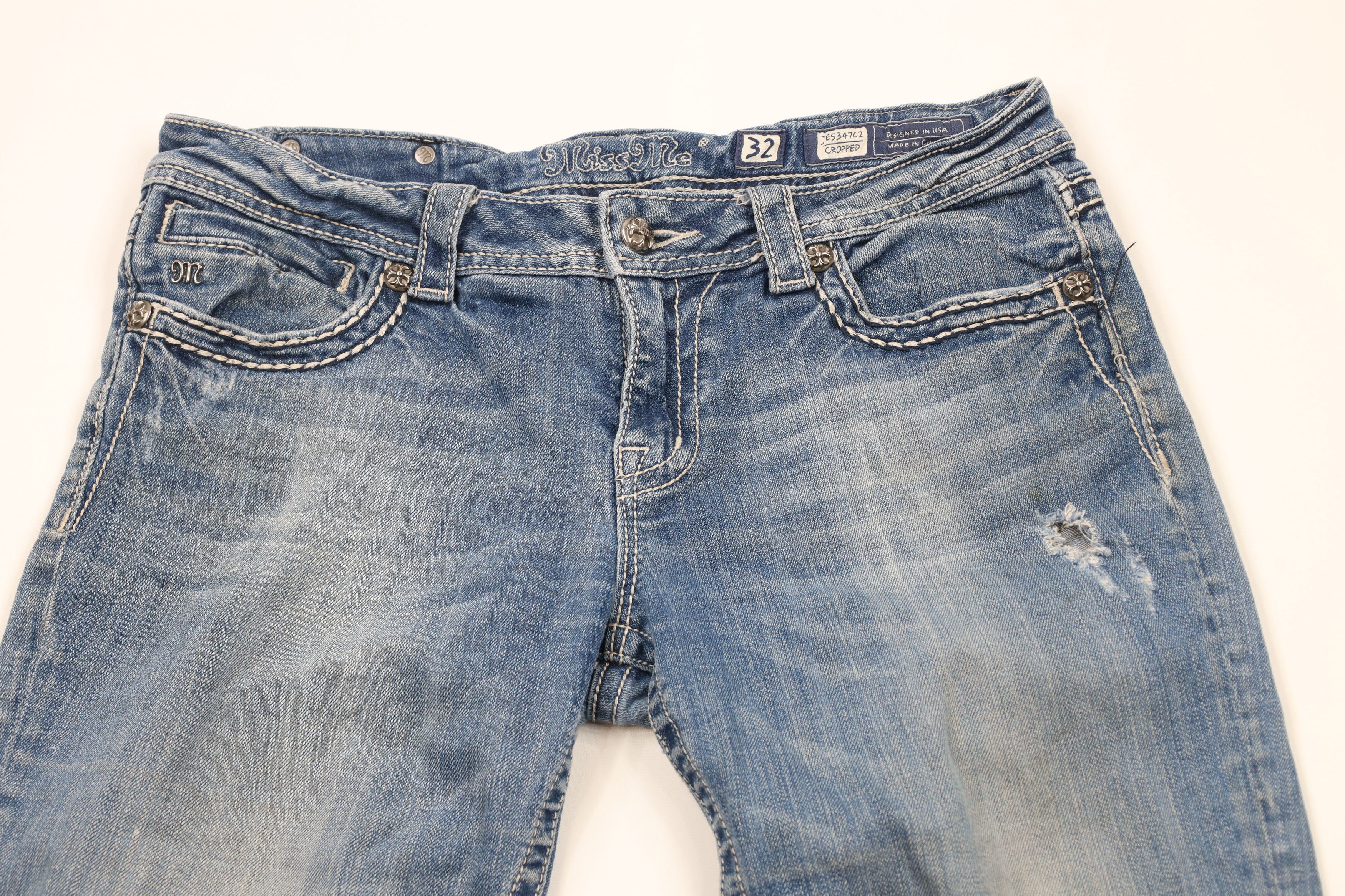 Miss Me × Vintage Miss Me Thick Stitch Fleur de Lis Cropped Denim Jeans Blue Size 32" / US 10 / IT 46 - 2 Thumbnail