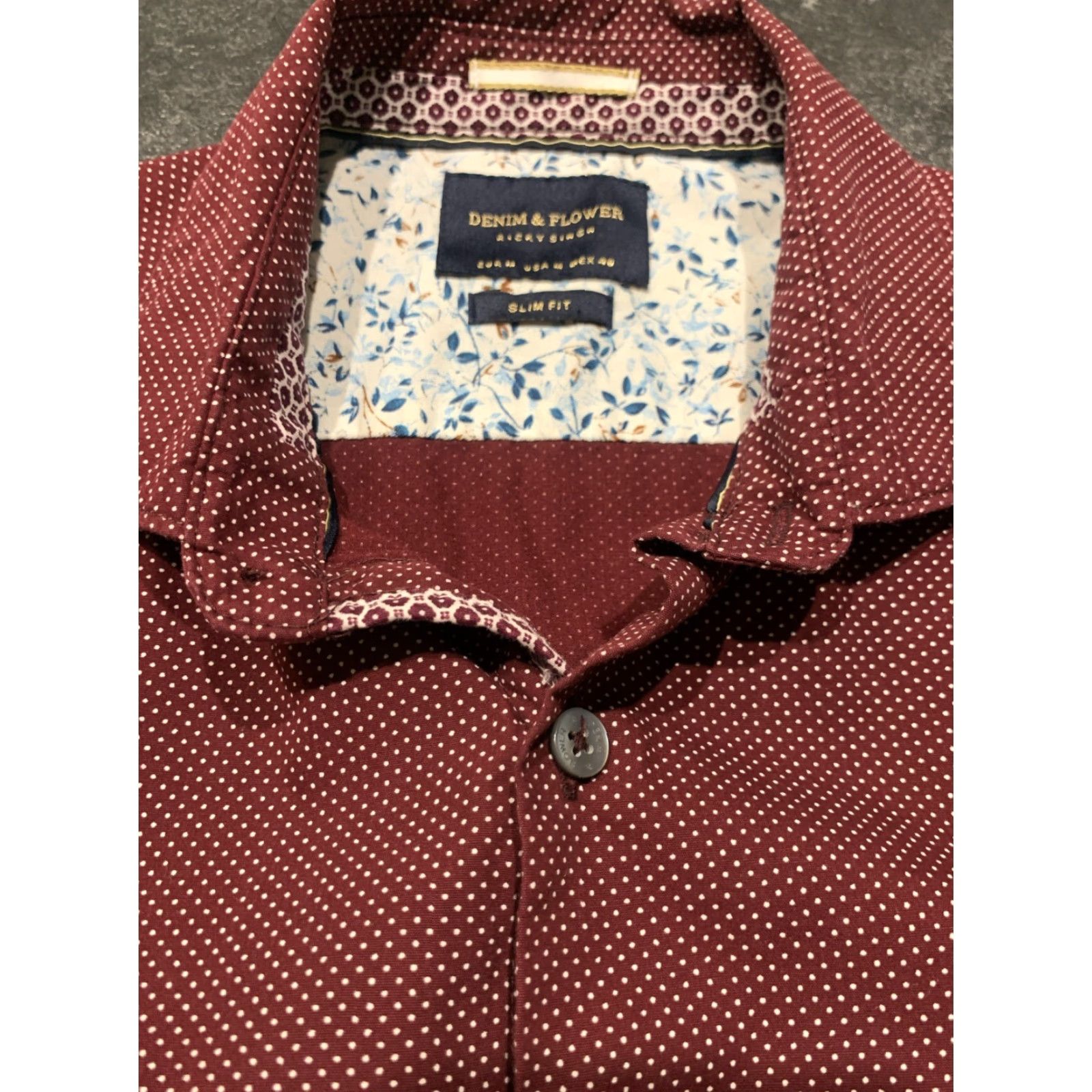 Denime VINTAGE Denim & Flower Ricky Singh Men Shirt L Short Sleeve Maroon Dots Slim Fit Graphic Print Size US L / EU 52-54 / 3 - 6 Thumbnail