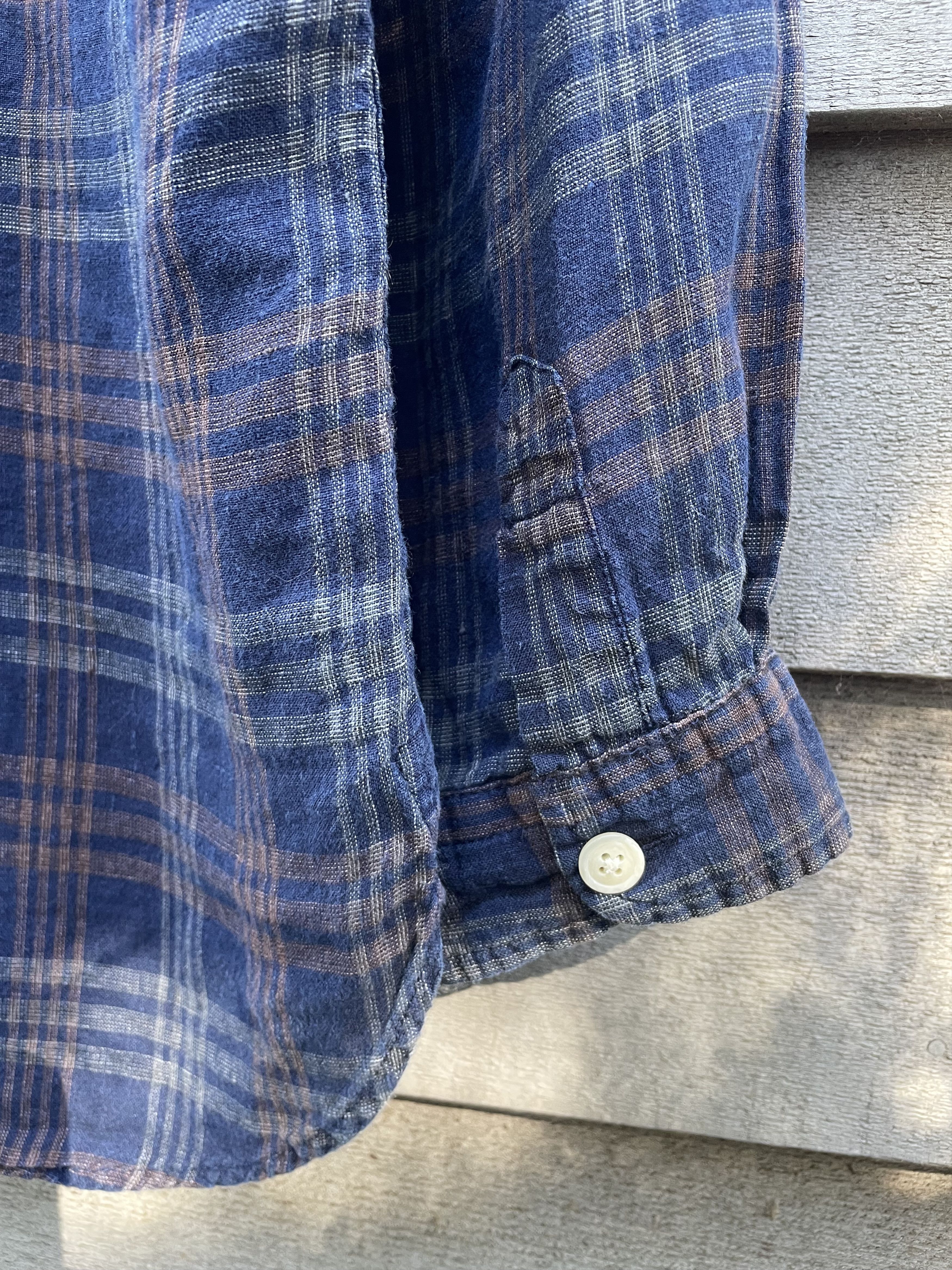 Oliver Spencer Linen Indigo Plaid Band Collar Shirt Size US M / EU 48-50 / 2 - 5 Thumbnail