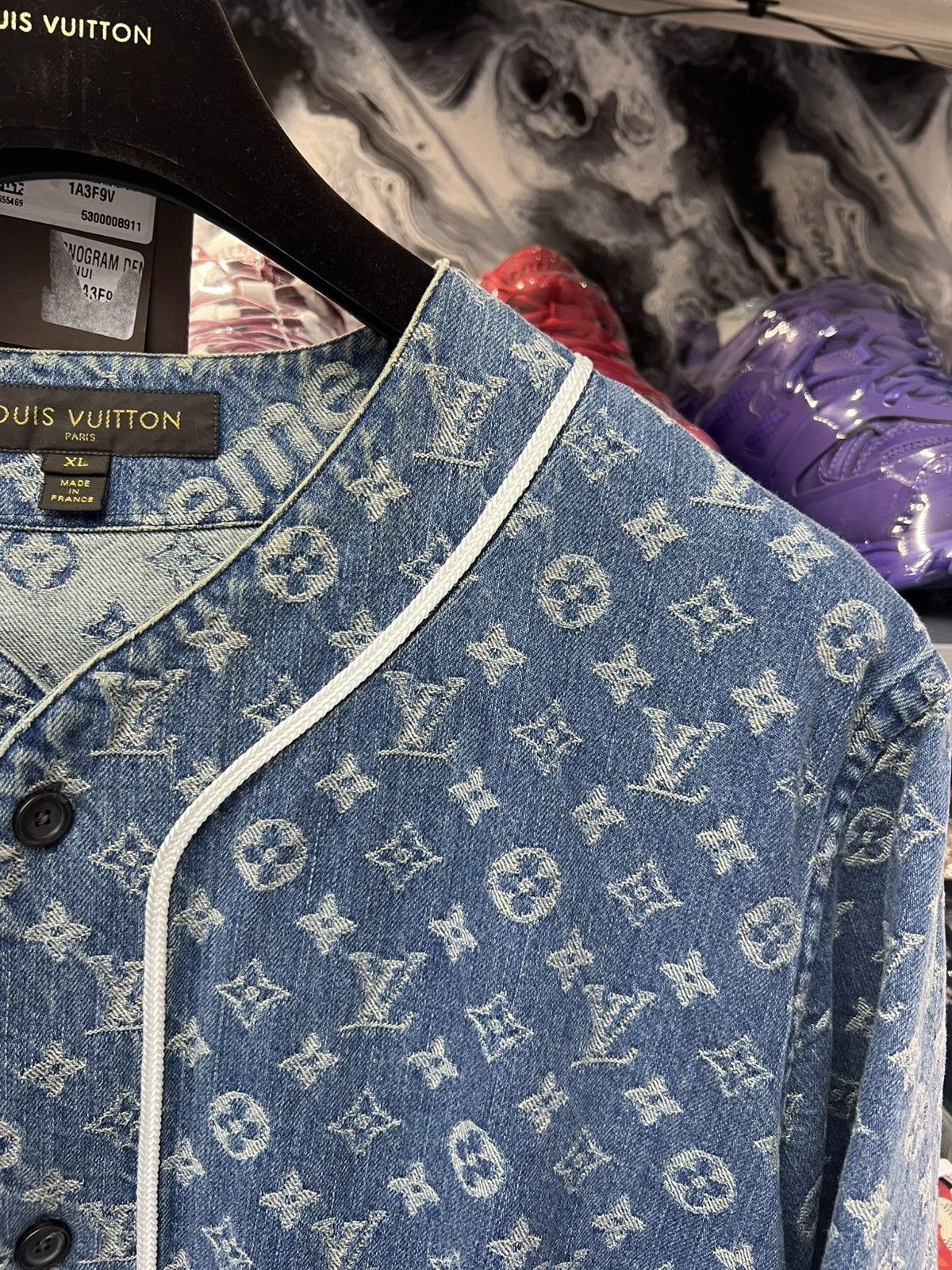 Louis Vuitton Louis Vuitton x Supreme Jacquard Denim Baseball Jersey Size US XL / EU 56 / 4 - 8 Thumbnail