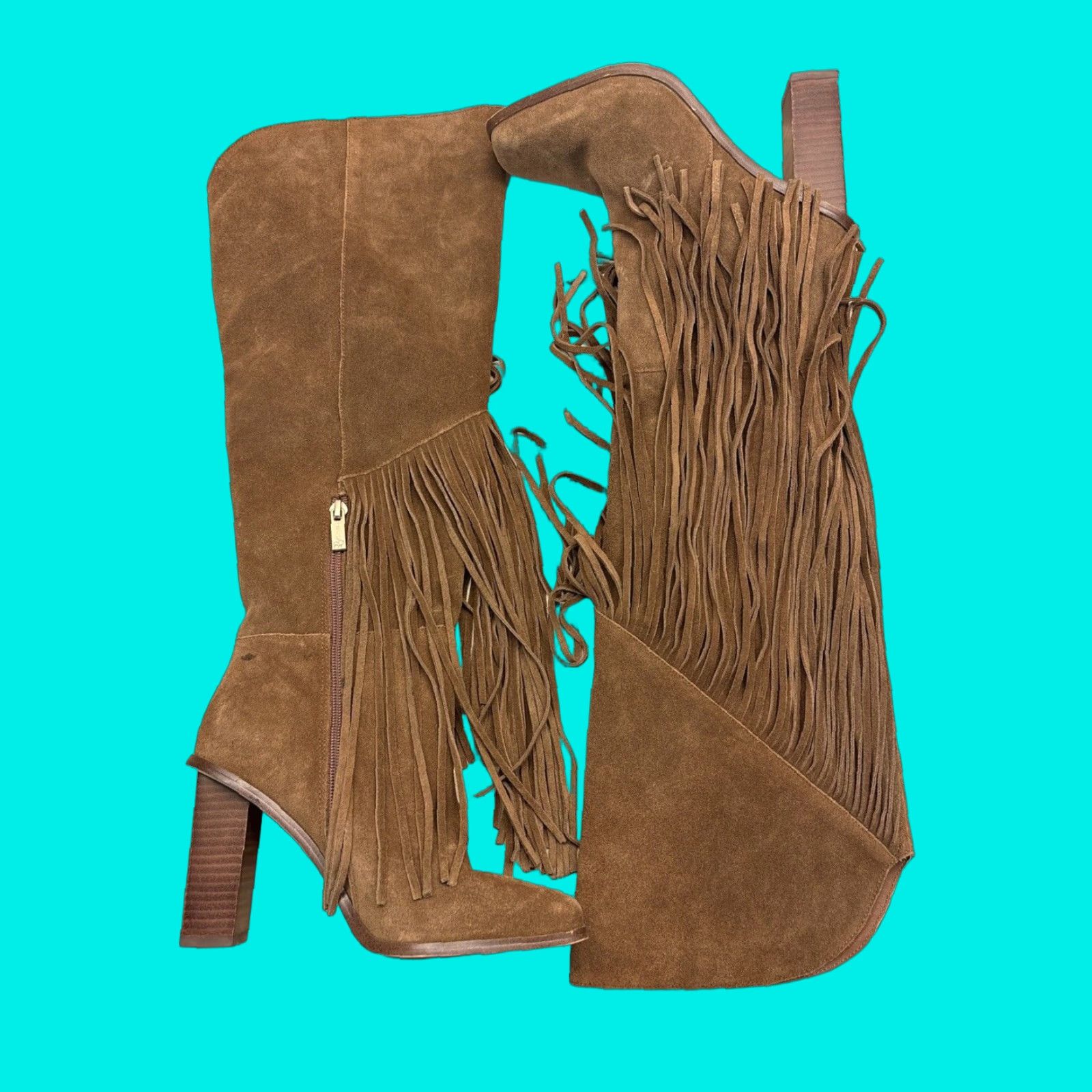 Jessica Simpson Asire Brown Suede Fringe Tall Boots 6 Block Heel Shoes Square Toe Womens