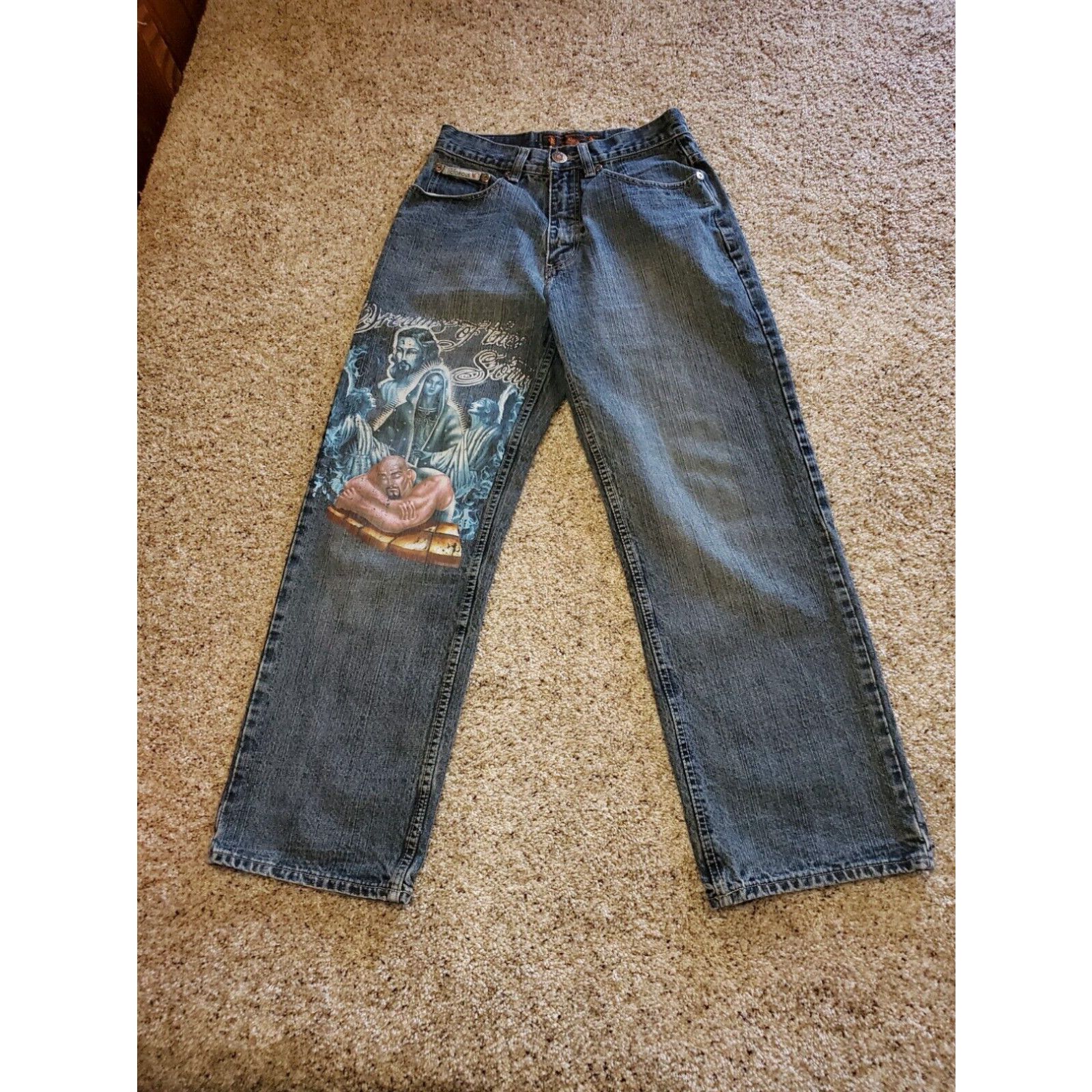 image of Vintage Victorious Jeans 30X30 Men Straight Leg Baggy Cholo Gangster Graphic Y2K in White