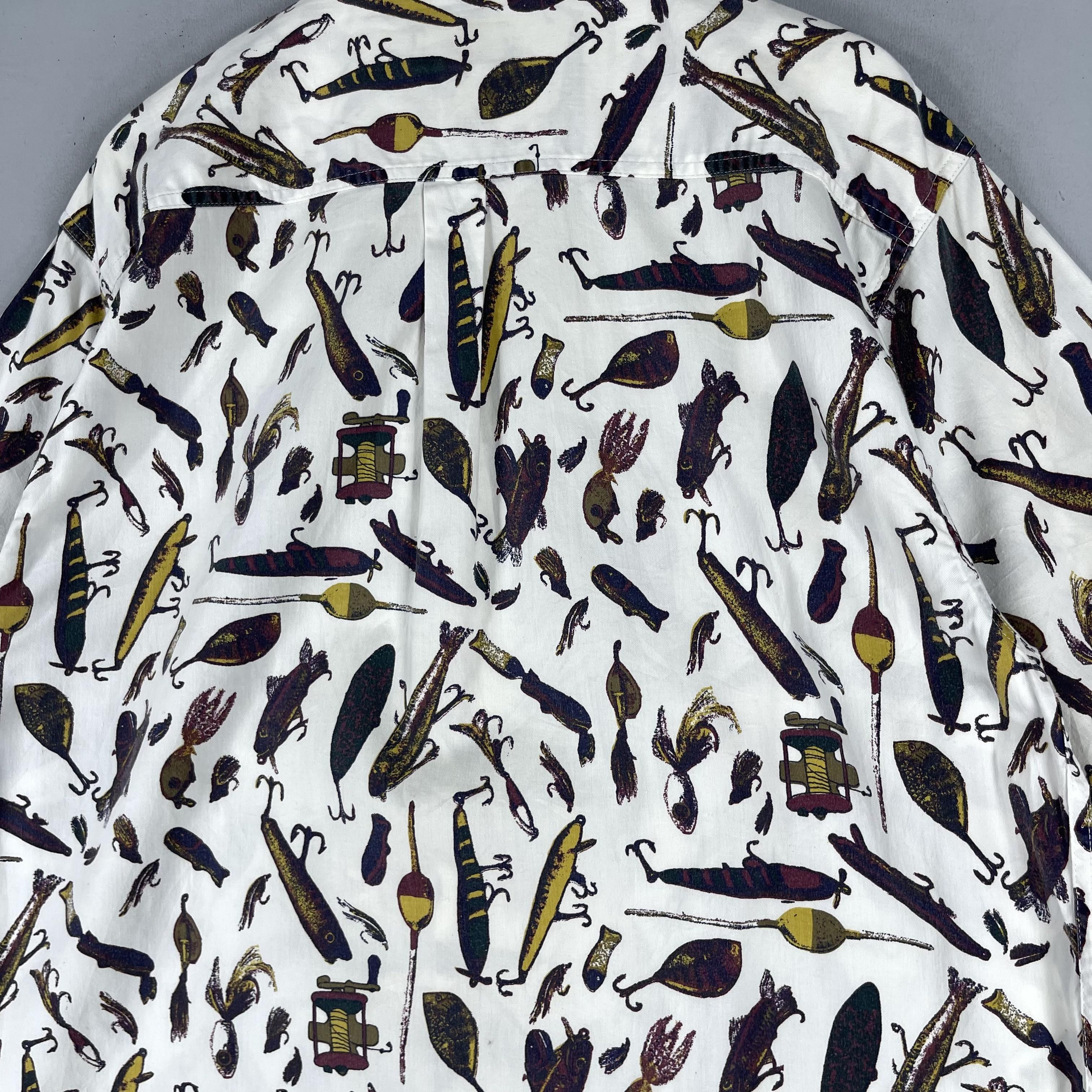 Japanese Brand × Vintage Vintage 90s Pop Art Fishing Equipment Button Up Shirt Size US L / EU 52-54 / 3 - 8 Thumbnail