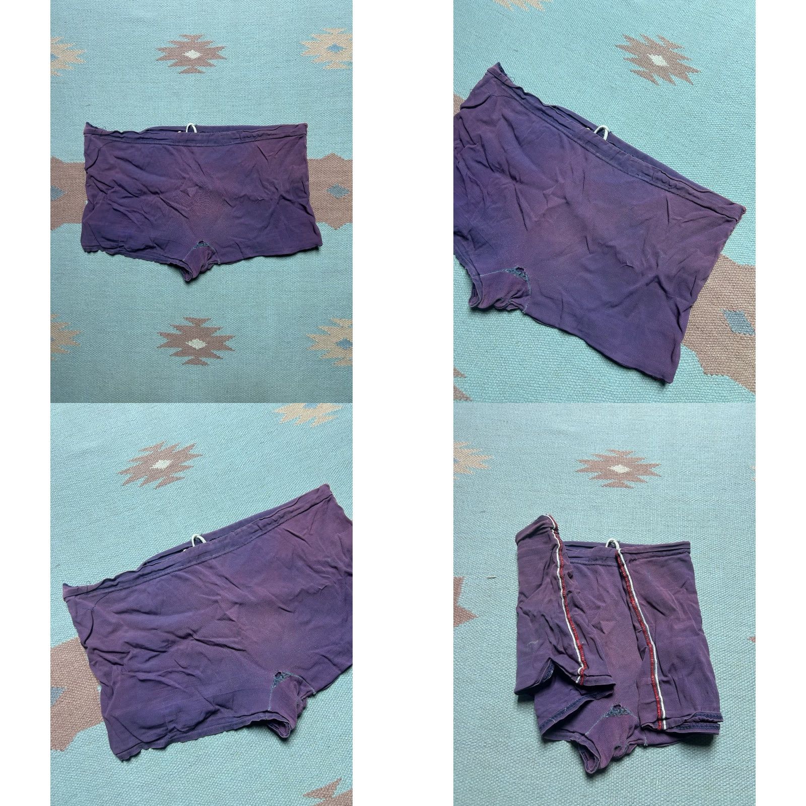 Vintage VINTAGE swims trunks bottoms Mens 35 Purple Striped Rayon Beach 40s 50s Distressed 12” waist to crotch Size US 35 - 8 Thumbnail