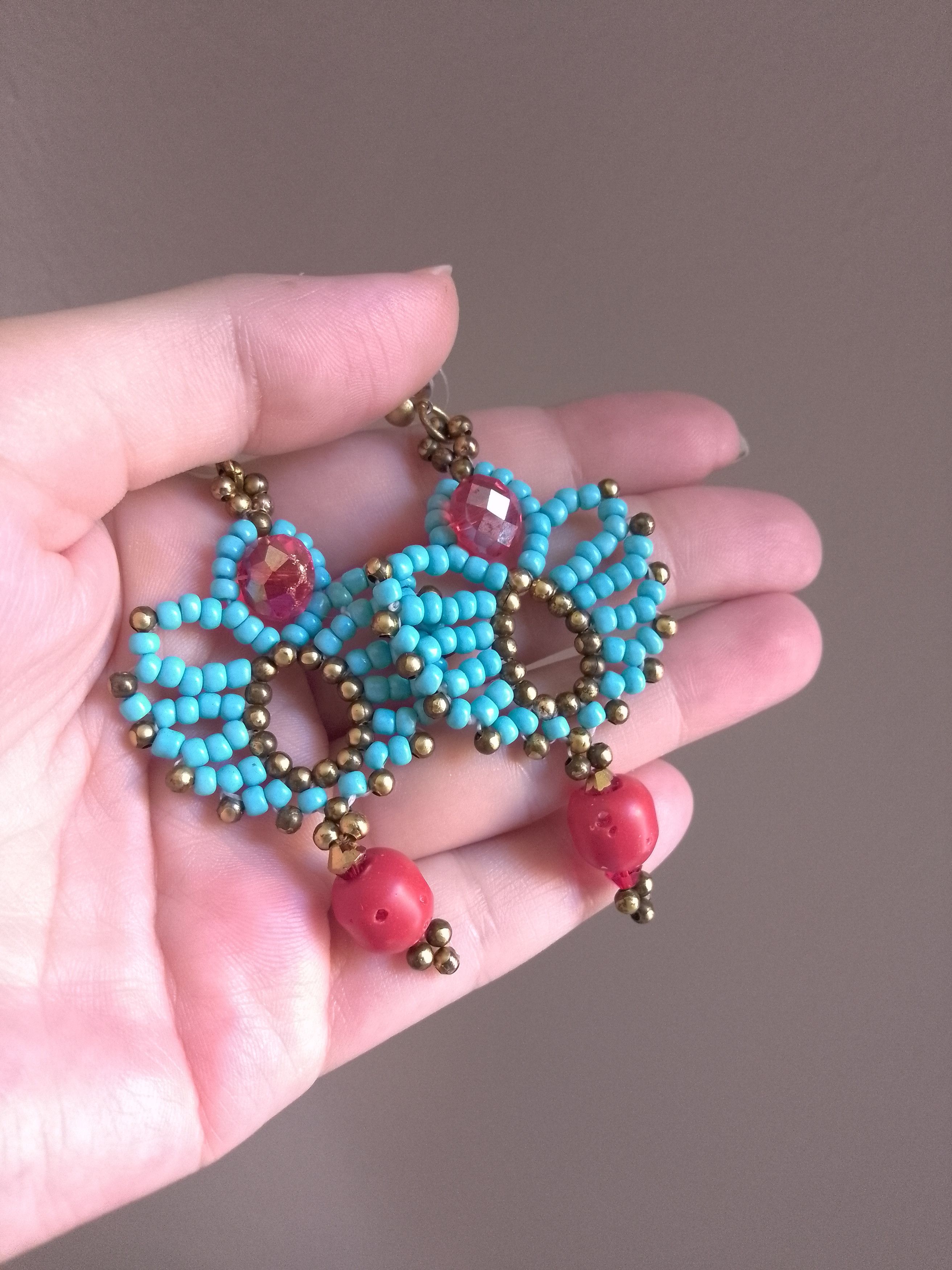 Handmade Ethnic earrings with natural precious coral Red-Turquoise Size ONE SIZE - 3 Thumbnail