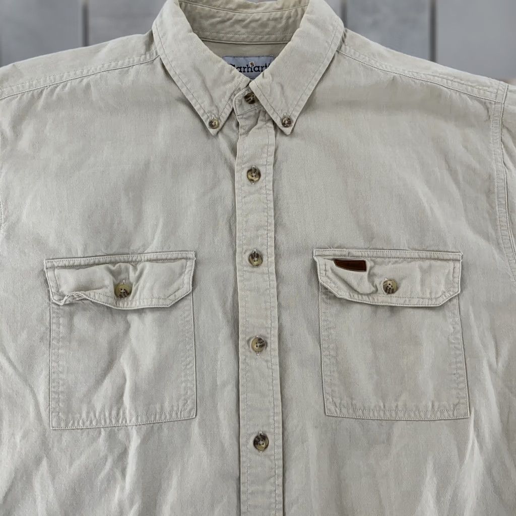 Carhartt Carhartt Shirt Mens Large Button-Down Short Sleeve Workwear Outdoor Pockets Beige Cotton Canvas Collar-Down Button-Up Vintage: No Size US L / EU 52-54 / 3 - 1 Thumbnail