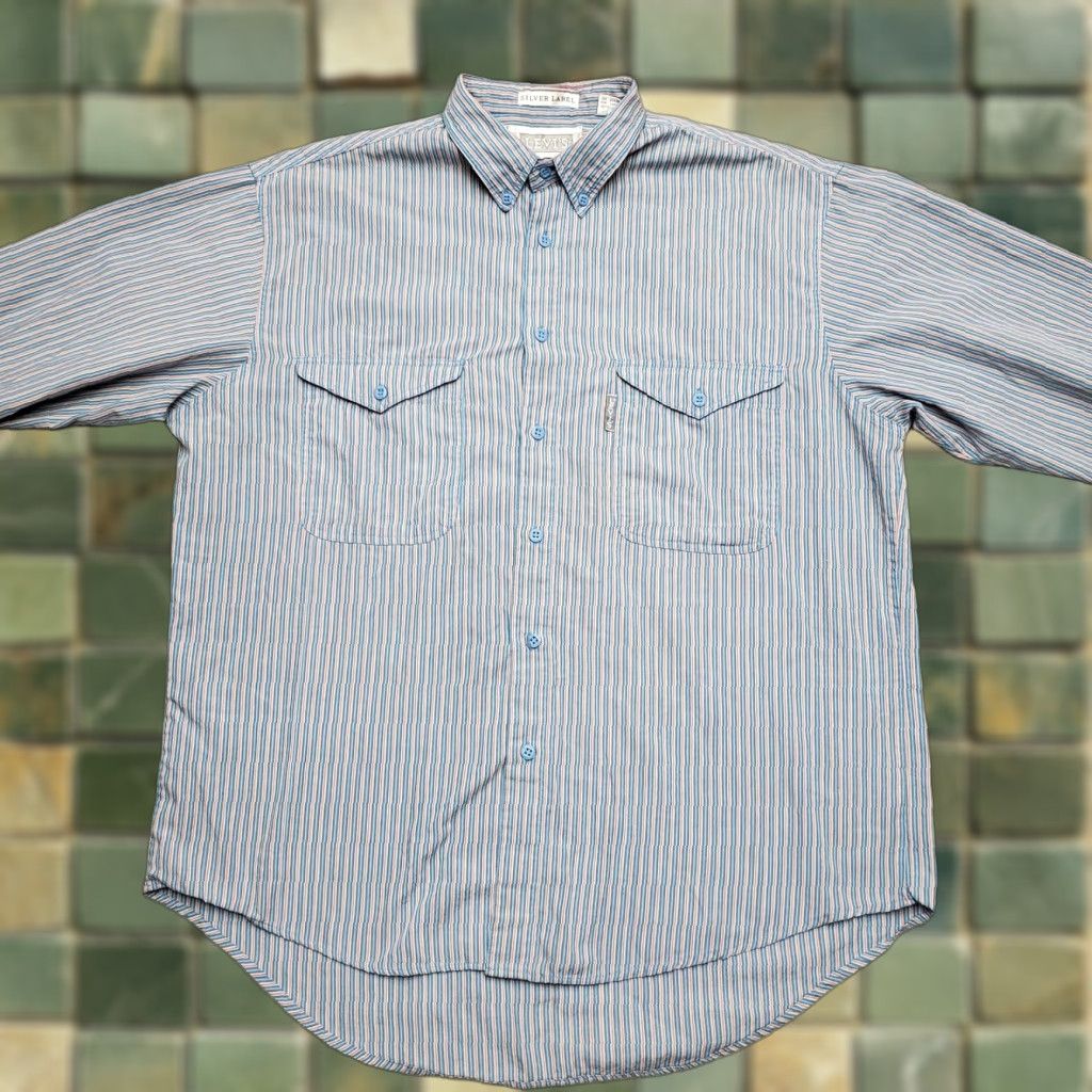 Levi's VINTAGE Levis Silver Label Shirt Mens L Blue Striped Big E Tab Long Sleeve Button-Up Casual Mens Size US L / EU 52-54 / 3 - 1 Thumbnail