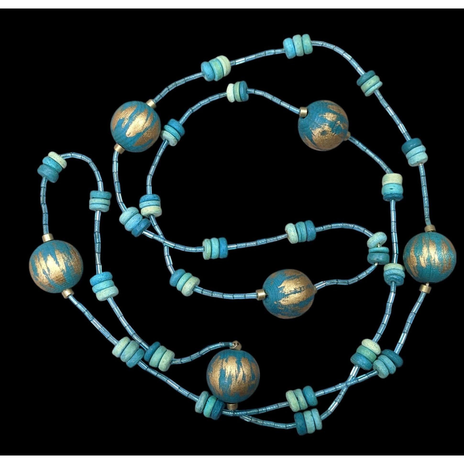 Other Blue And Gold Tone Wood And Glass Beaded Fantasy Necklace Size ONE SIZE - 1 Thumbnail