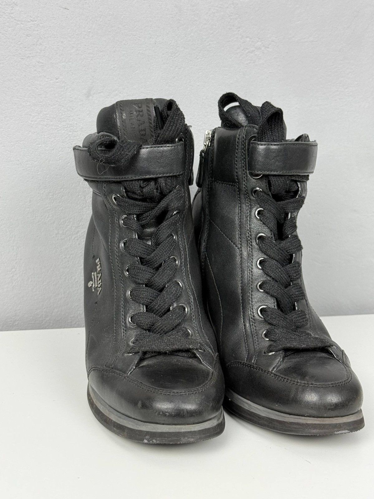 Prada Prada Black Wedge Sneakers Leather High Top EU 37.5 Size US 6.5 / IT 36.5 - 7 Thumbnail