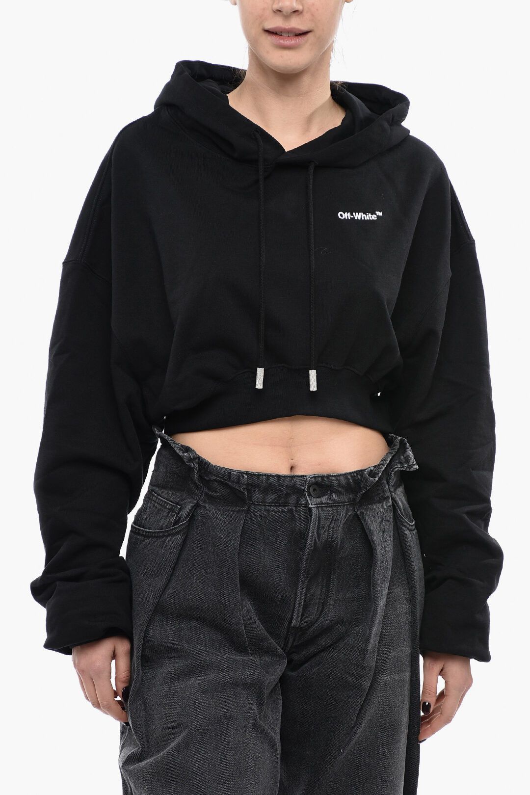 image of Off White Og1Mm0524 Brushed Cotton Cropped Hoodie In Black, Women's (Size Medium)