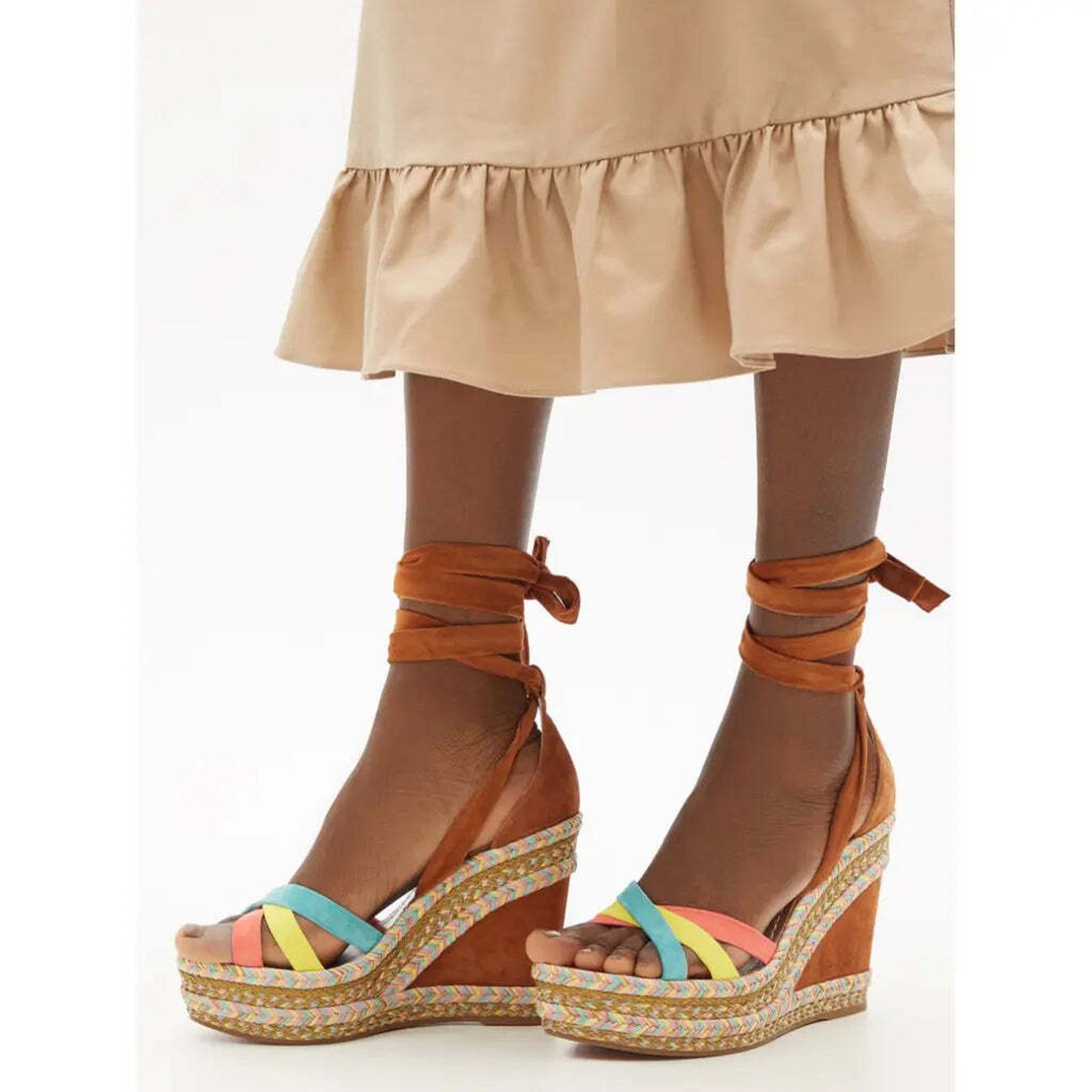 Christian Louboutin Lagoadonna 120 Brown Lace Up Platform Wedge Sandal Heel 41 Size US 11 / IT 41 - 2 Thumbnail