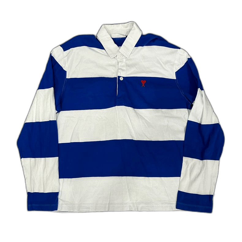 AMI AMI White Blue Striped Heart Embroidery Polo Shirt Size US L / EU 52-54 / 3 - 1 Thumbnail