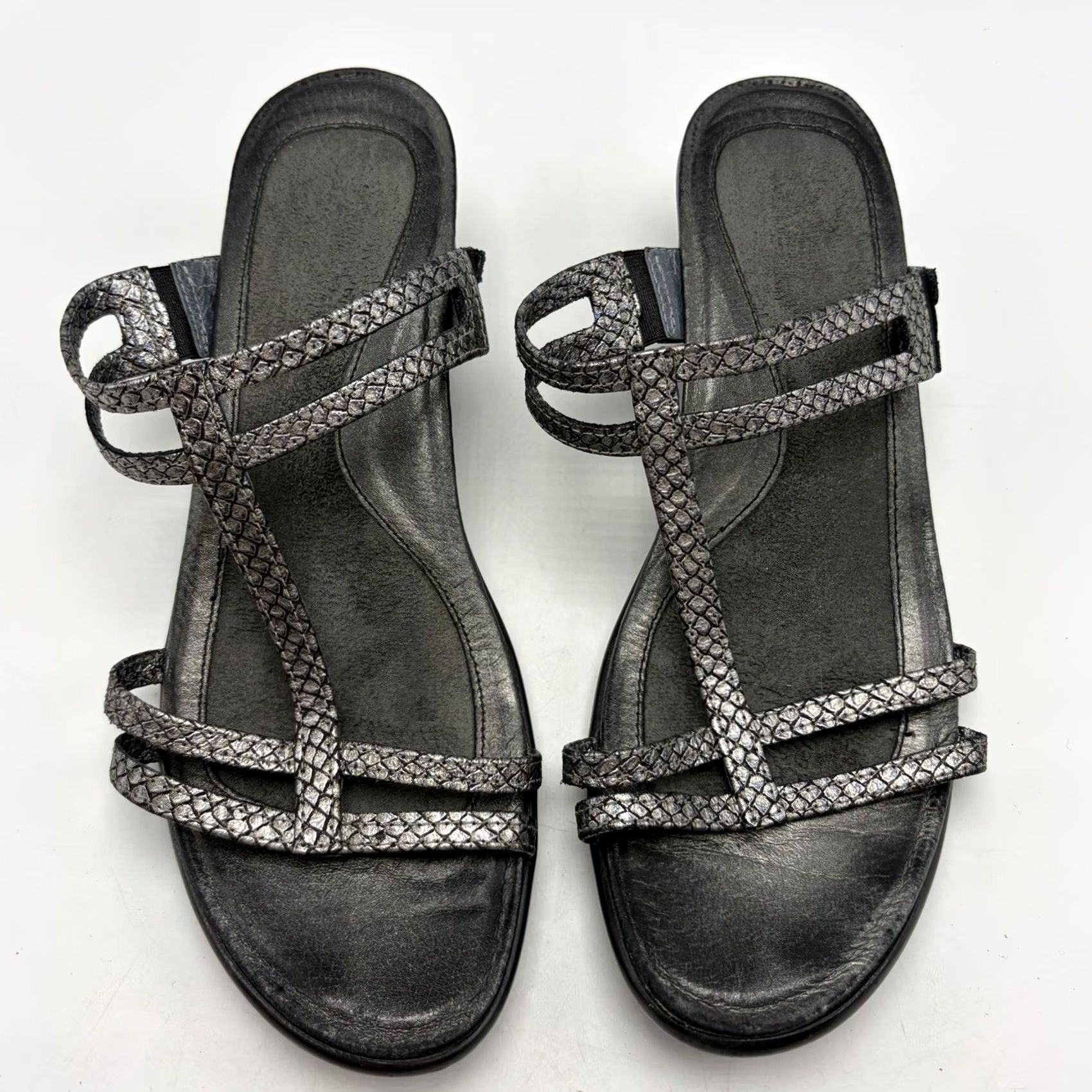 Vintage NAOT Loop Sandals Strappy Leather Pewter Snake Print 2" Heel Women 8 US 39 EU Silver Slide Slides Pewter Snake Print Leather NAOT Loop Womens Sandal Size US 8 / IT 38 - 3 Thumbnail