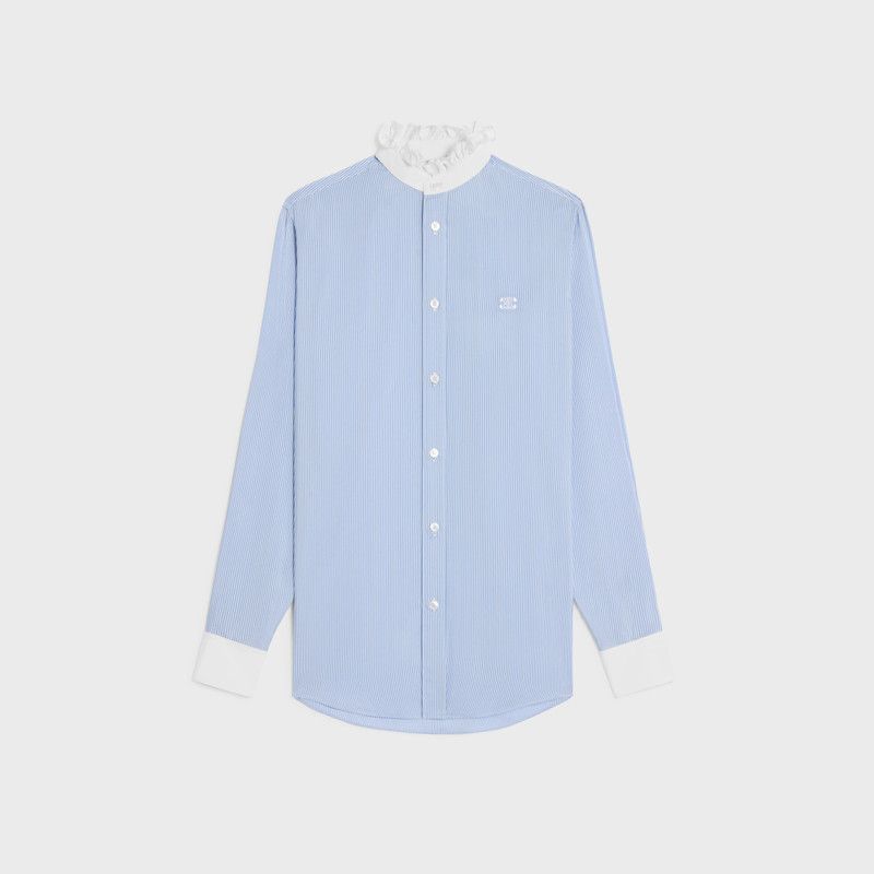 Celine o1bcso1str0126 2C71C124Z Romy Frilled Shirt in Bleu/Craie Size L / US 10 / IT 46 - 1 Thumbnail