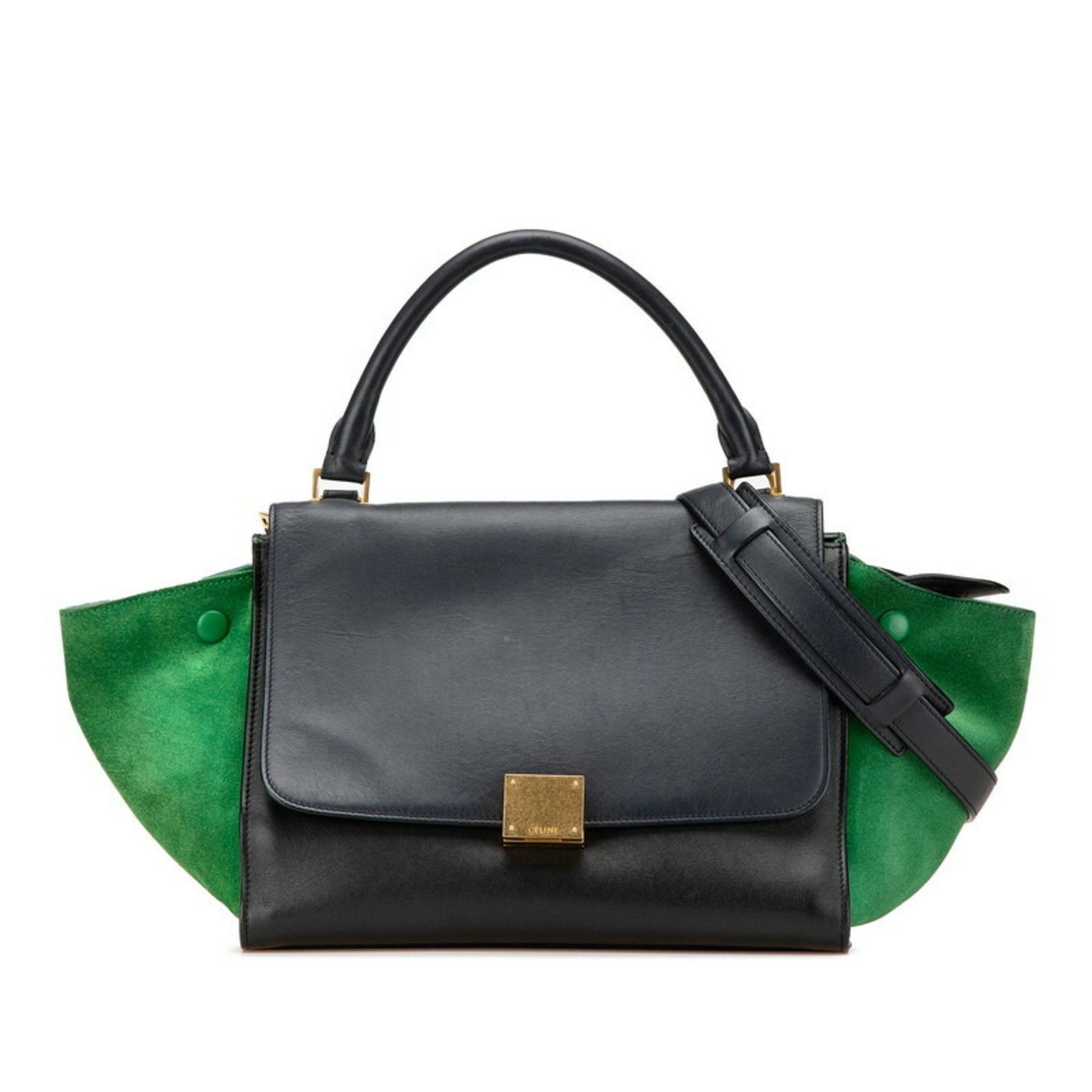 Celine Trapeze Handbag Shoulder Bag Black Green Suede Leather Women's Celine